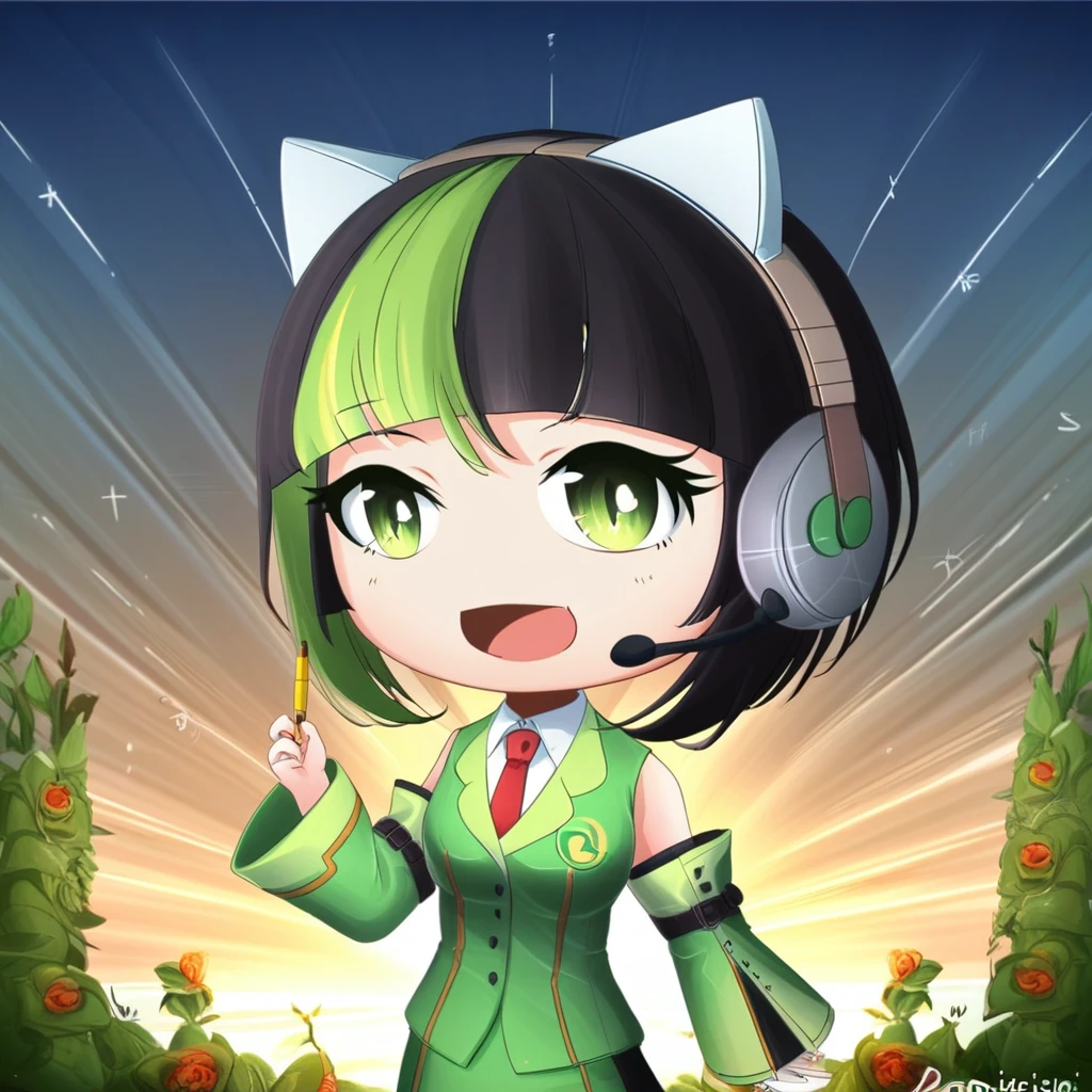 score_9, score_7_up, source_anime, masterpiece, best quality, detailed, perfect, perfection, aesthetic, absurd, 1girl, kyomachi seika, green eyes, black hair, green hair, two-tone hair, short hair, bangs, hair between eyes, headphones, white shirt, green jacket, red necktie, green skirt, pencil skirt, detached sleeves, chibi, cat ears, smile, open mouth, happy