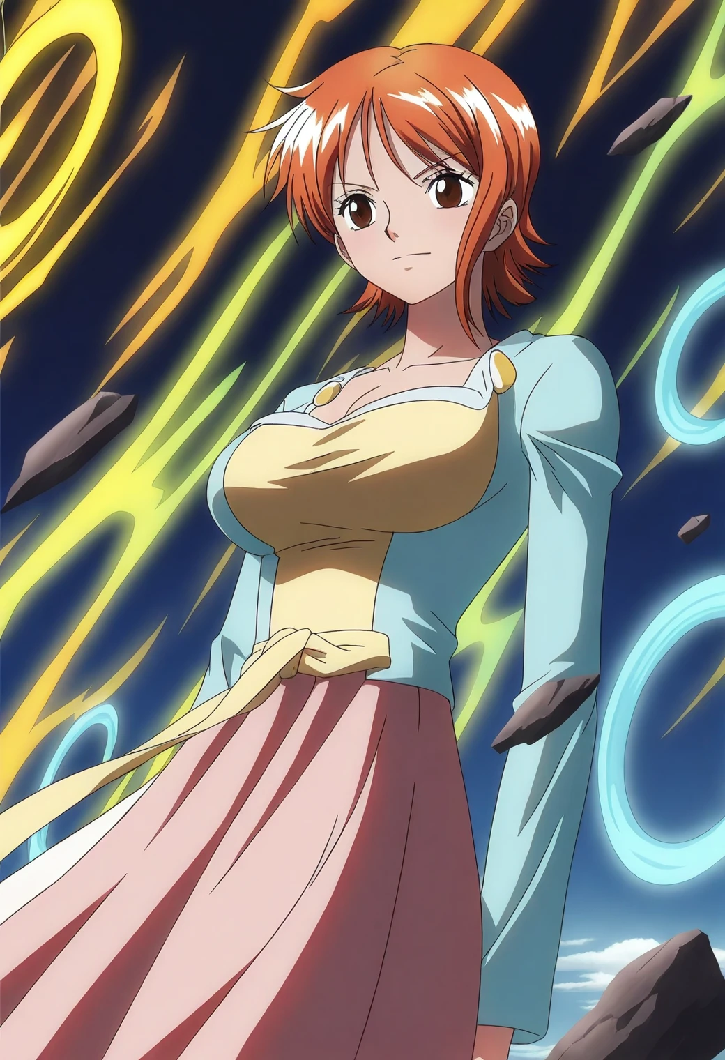 <lora:Nami (Pre Timeskip) - [One Piece] - illustriousXL v1:1>, sysdeep_nami, large breasts, short hair, orange hair, brown eyes, anime coloring, 1girl, solo, sky island, floating rocks, glowing trees, gentle breeze, flowing gown, radiant light