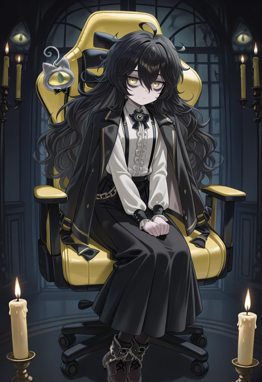 grimmivt, 1girl, solo,
black hair, long hair, hair between eyes, messy hair, wavy hair, ahoge,
yellow eyes, bags under eyes,
skirt, black skirt, long skirt, suspender skirt,
shirt, white shirt, collared shirt, shirt tucked in, long sleeves,
bow, black bow, black bowtie, bowtie,
jacket, black jacket, jacket on shoulders, coat on shoulders,
suspenders,
boots, black footwear, brown footwear,
center frills, frills, jewelry, chain, brooch,
creature, floating,
chair, gaming chair, indoors, dark background, candles, haunted house, sitting, legs, looking at viewer