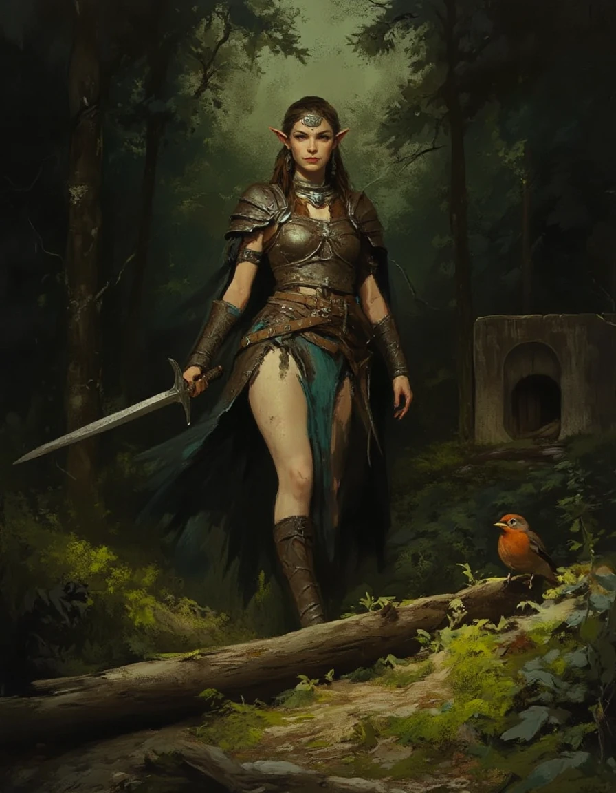 Fantasy painting portrait of a fierce noble female elf ranger in weathered leather and steel armor with a broadsword on a forest path. As an elf, she has pointed ears and she holds up her broadsword, ready for a fight. In the background is a dense forest of oak and maple and birch trees with a narrow trail leading straight and deep under its shadowed canopy. A robin sits on a fallen log that crosses the path. In the far distance a small square stone garrison fort with a heavy rounded wood door is nestled back in the shadow of dense tree coverage at a bend in the path.