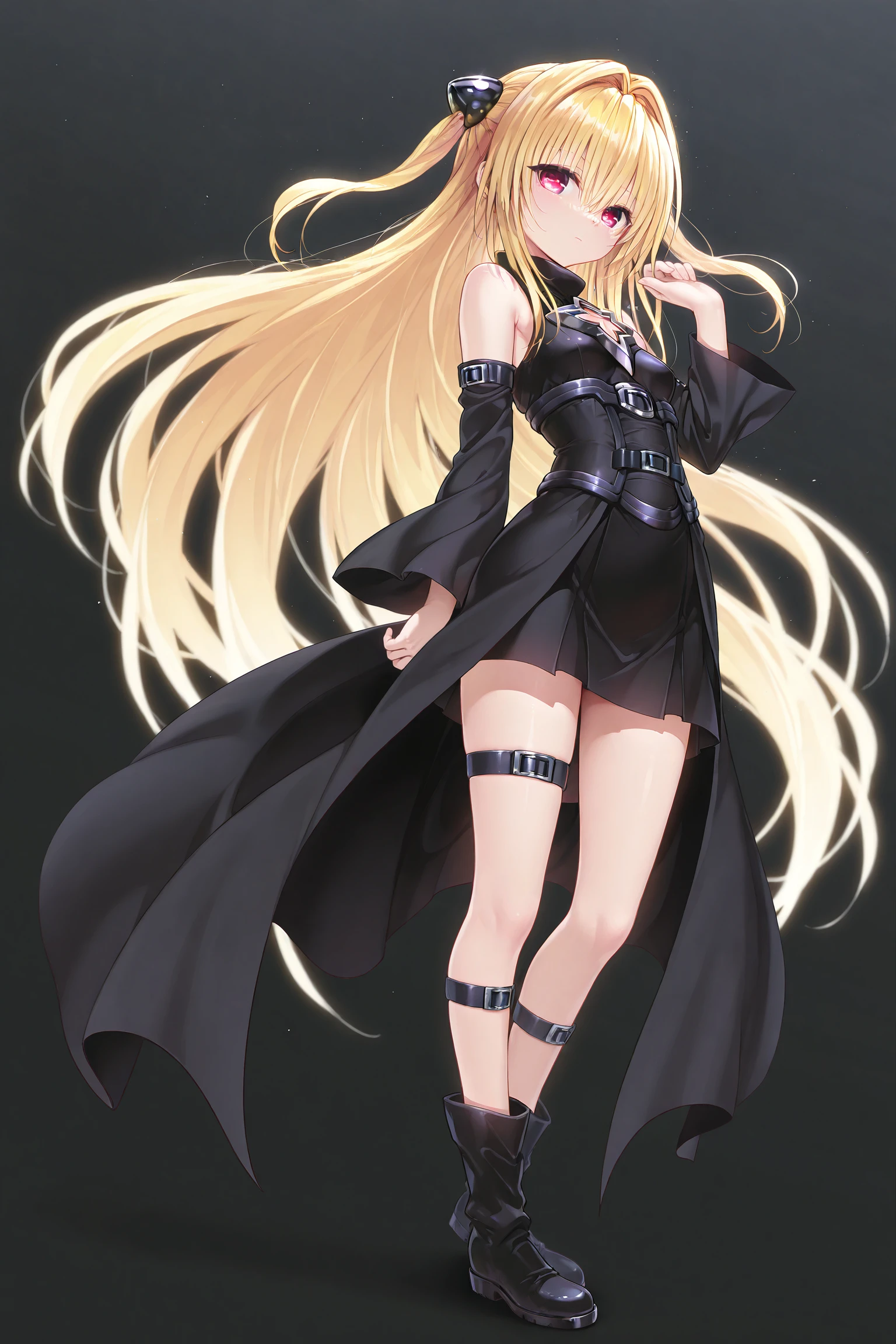 1girl,solo,konjiki no yami,long hair,blonde hair,red eyes,very long hair,two side up,hair intakes,hair ornament,small breasts,
yami black dress,bare shoulders,long sleeves,clothing cutout,buckle,belt,black dress,detached sleeves,thigh strap,boots,black black footwear,
standing,looking at viewer,simple background,full body,
masterpiece,best quality,good quality,newest,highres,absurdres,