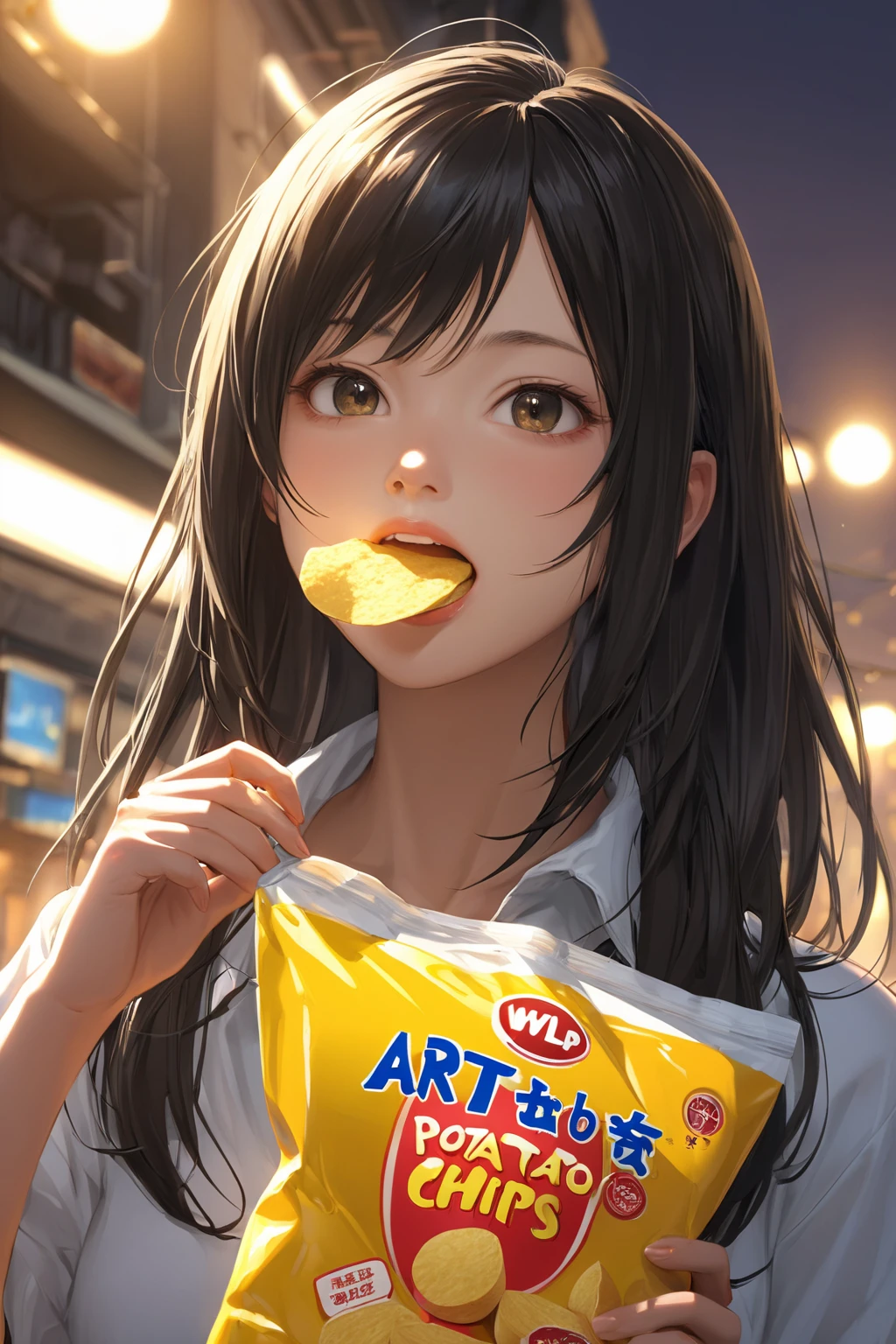 a girl eating a bag of potato chips, single centered subject, mid shot, ambient lighting, detailed face, by makoto shinkai, stanley artgerm lau, wlop, rossdraws ilya kuvshinov