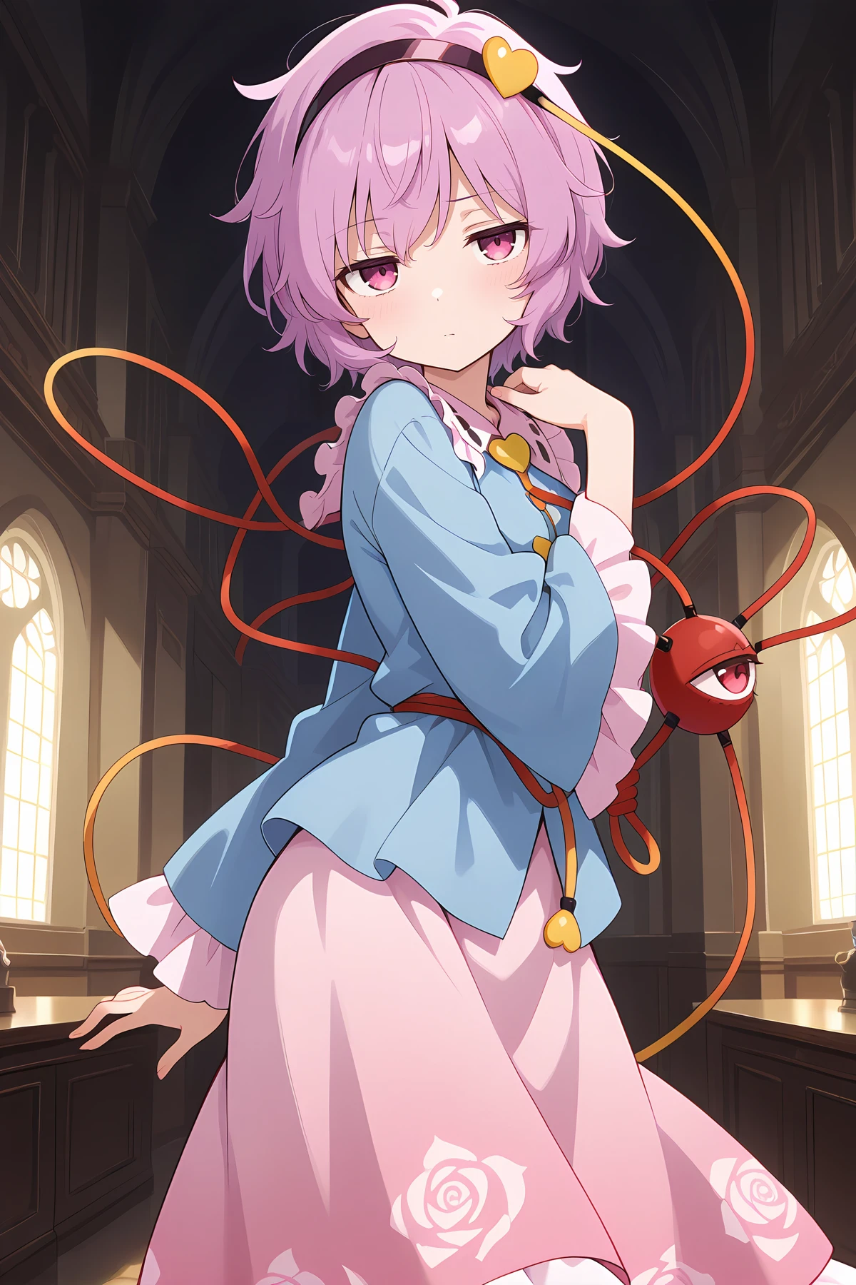 absurdres, highres, masterpiece, best quality, amazing quality, official anime artwork, screencap, anime screencap, indoors, palace, dark, office, dynamic pose, looking at viewer,
<lora:Komeiji-Satori_illustrious:1> komeiji satori, 1girl, solo, pink eyes, third eye, pink hair,, hairband, blue shirt, frilled shirt collar, frilled sleeves, wide sleeves, pink skirt,
