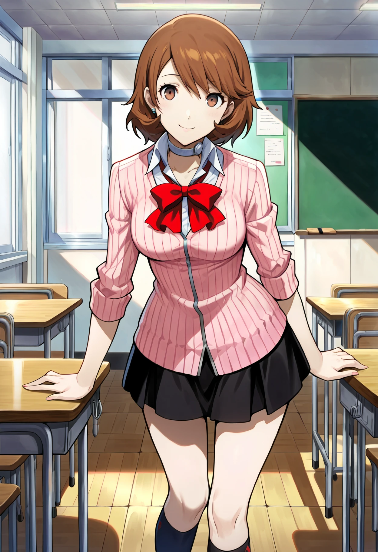 (masterwork, masterpiece, best quality, hyper-detailed :1.4),
1 girl, solo, cute face,
p3yukari, yukari takeba, short hair, light brown hair, earrings, choker,
p3yukari-winuni, school uniform, cardigan, pink cardigan, ribbon, skirt, gekkoukan high school uniform, kneehighs, black socks,
classroom, standing, looking at viewer, smile,