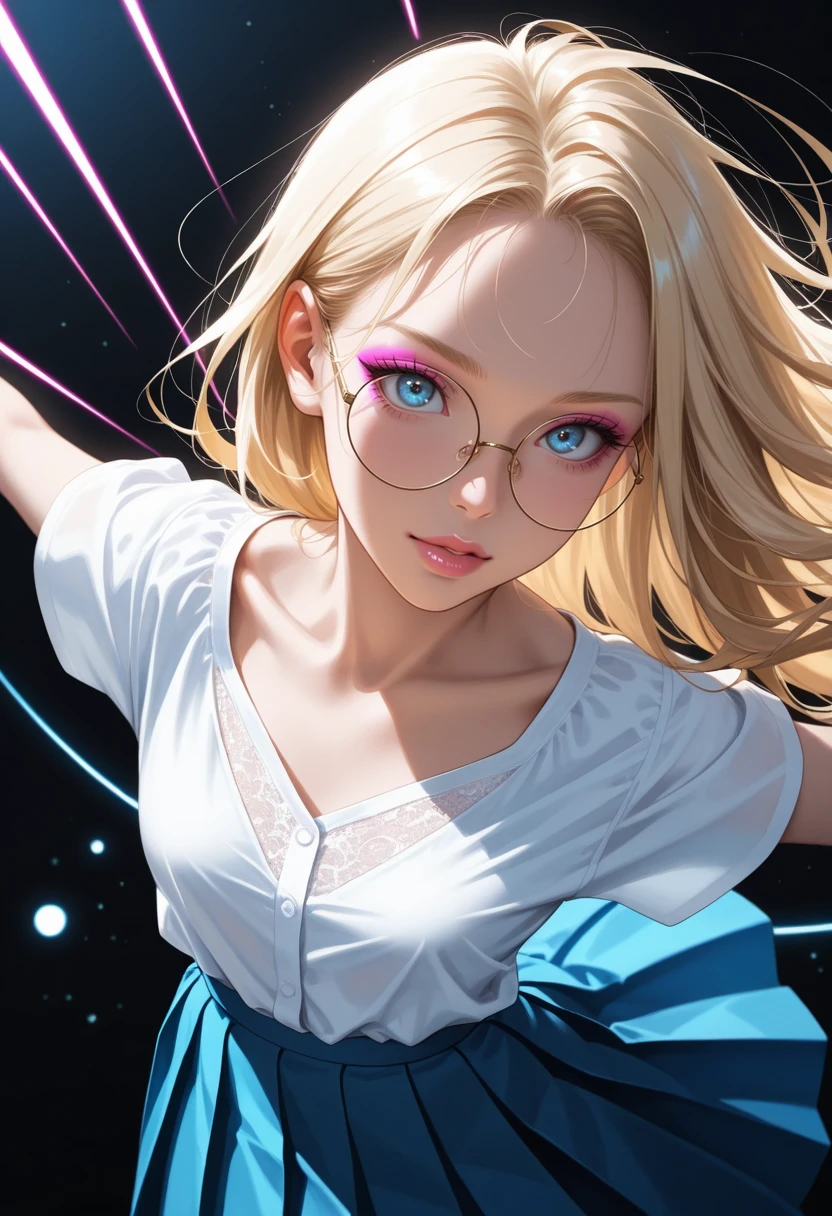 depth of field, focused subject, ((dynamic angle)), sexy pose, best quality, detailed eyes, perfect eyes, realistic eyes,
blonde hair, pink highlights, loose curls, long hair, blue eyes, ((full lips)), (mascara), pink makeup, (round glasses),
slim body, small ass, small breast,
white blouse,
long skirt, blue skirt, pleated skirt,
BREAK,
dynamic pose,
movie perspective, black background, neon lines, neon circles, neon light, abstract background, dark background, ((dynamic lights))