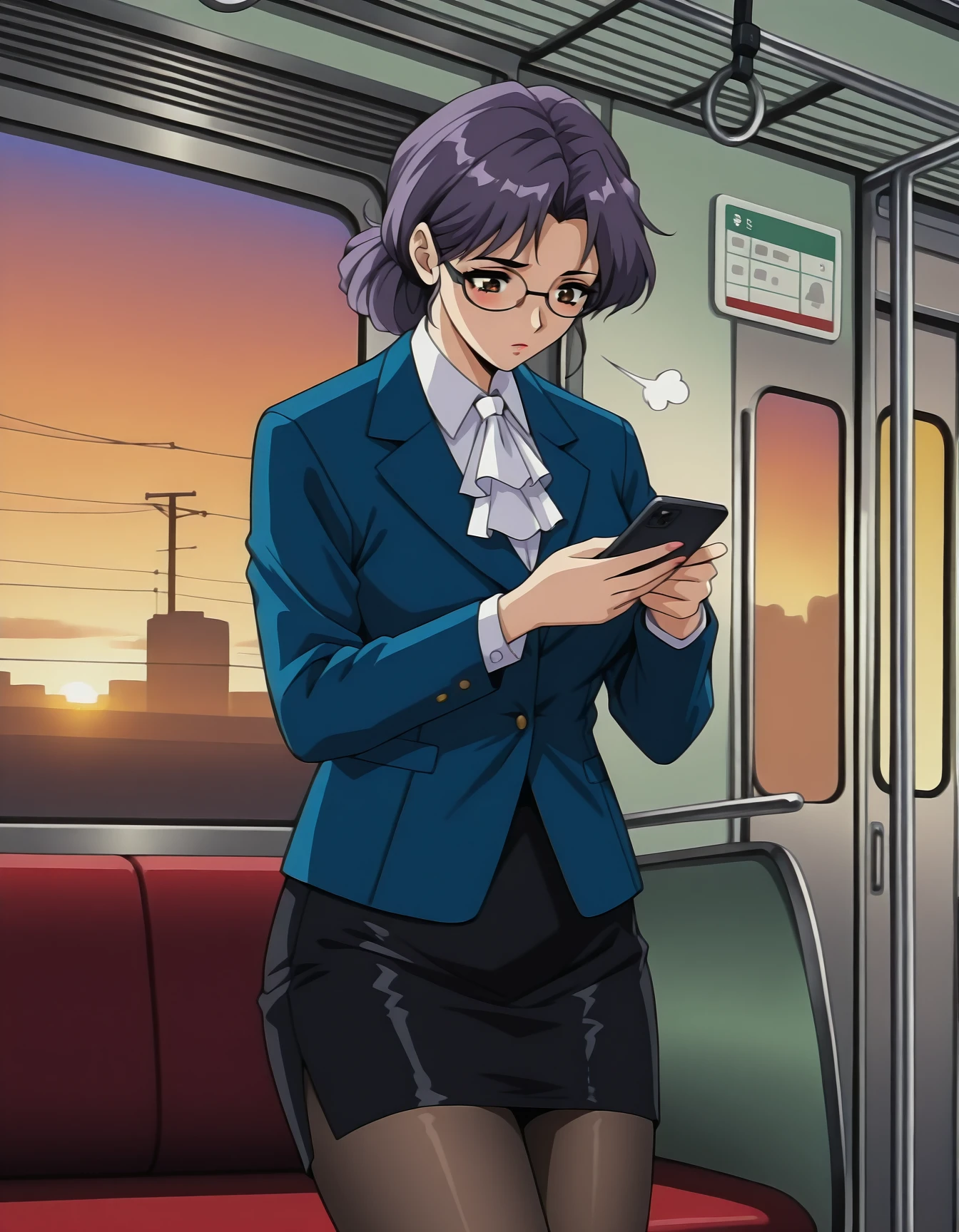 <lora:shuusaku-ova-illustrious-000008:1> ayka, glasses, blue jacket, white ascot, skirt suit, collared shirt, pencil skirt, black skirt, pantyhose 1girl, solo, smartphone, looking at phone, looking down, sigh, train interior, sunset, masterpiece, best quality
