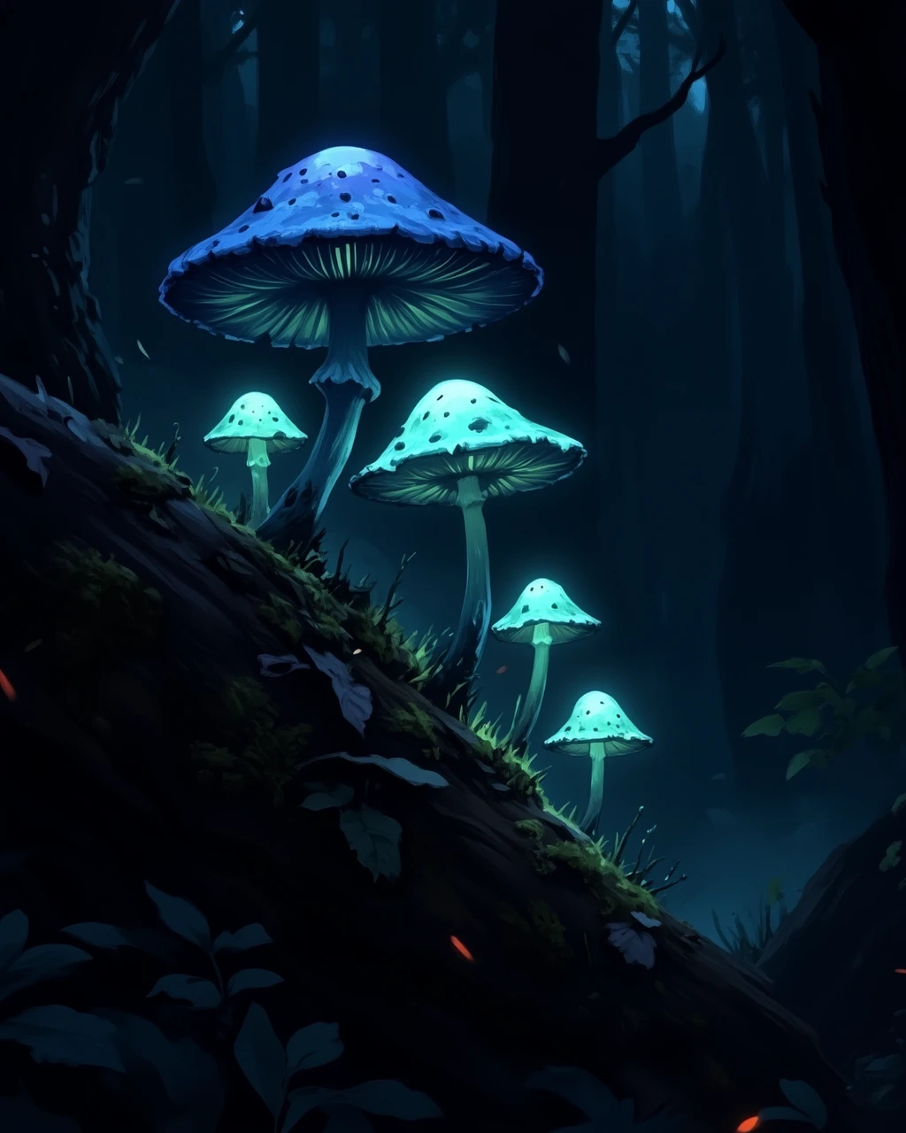 wc1dnd_style, digital painting, A cluster of glowing bioluminescent mushrooms with translucent caps in shades of blue and green, growing on a moss-covered log in a dark, enchanted forest, their ethereal light softly illuminating the surrounding mist and nearby foliage.
<lora:Organic_Sauce_-_FLUX:0.3> <lora:Flux.Digital_Painting_DnD:0.9>