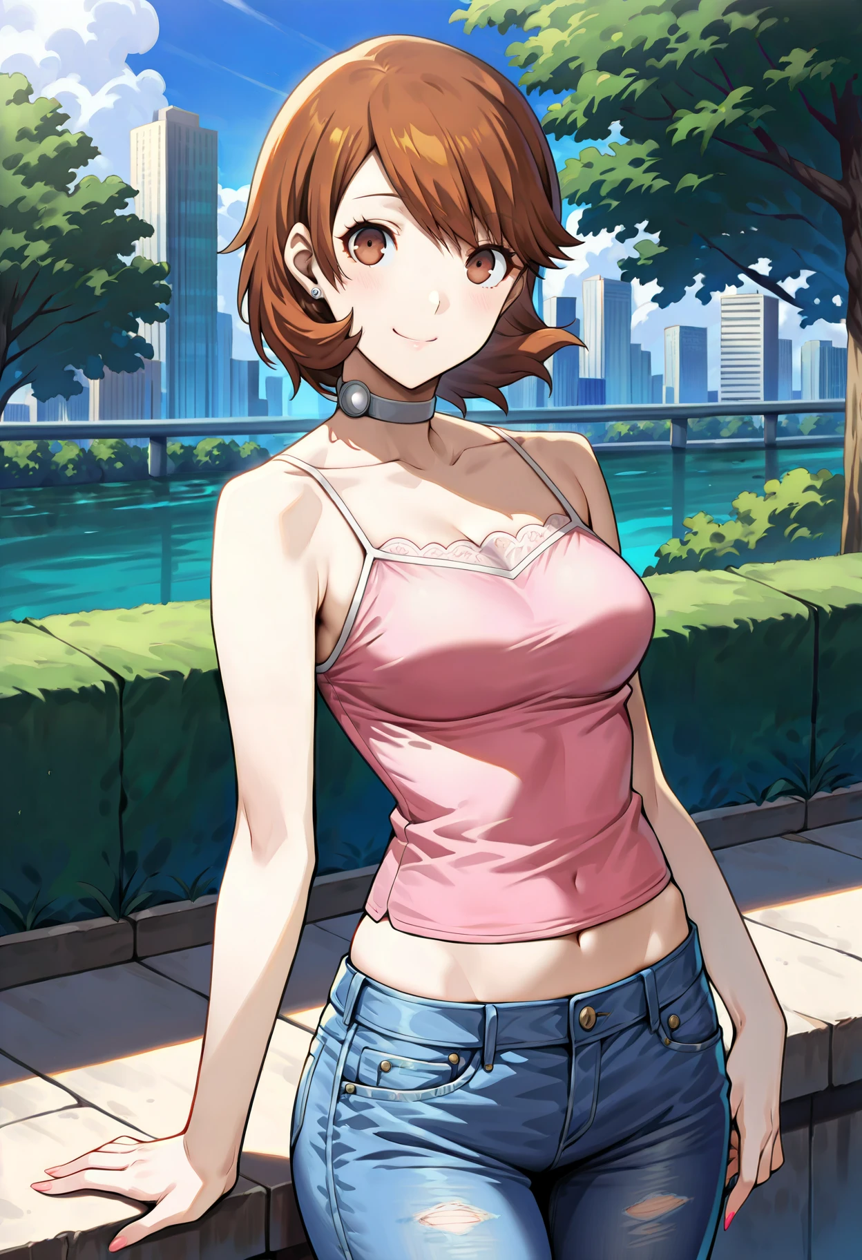 (masterwork, masterpiece, best quality, hyper-detailed :1.4),
1 girl, solo, cute face,
p3yukari, yukari takeba, short hair, light brown hair, earrings, choker,
p3yukari-sumcas, tank top, pink camisole, midriff, denim, jeans,
outdoors, cityscape, trees, greenery, standing, cowboy shot, looking at viewer, smile,