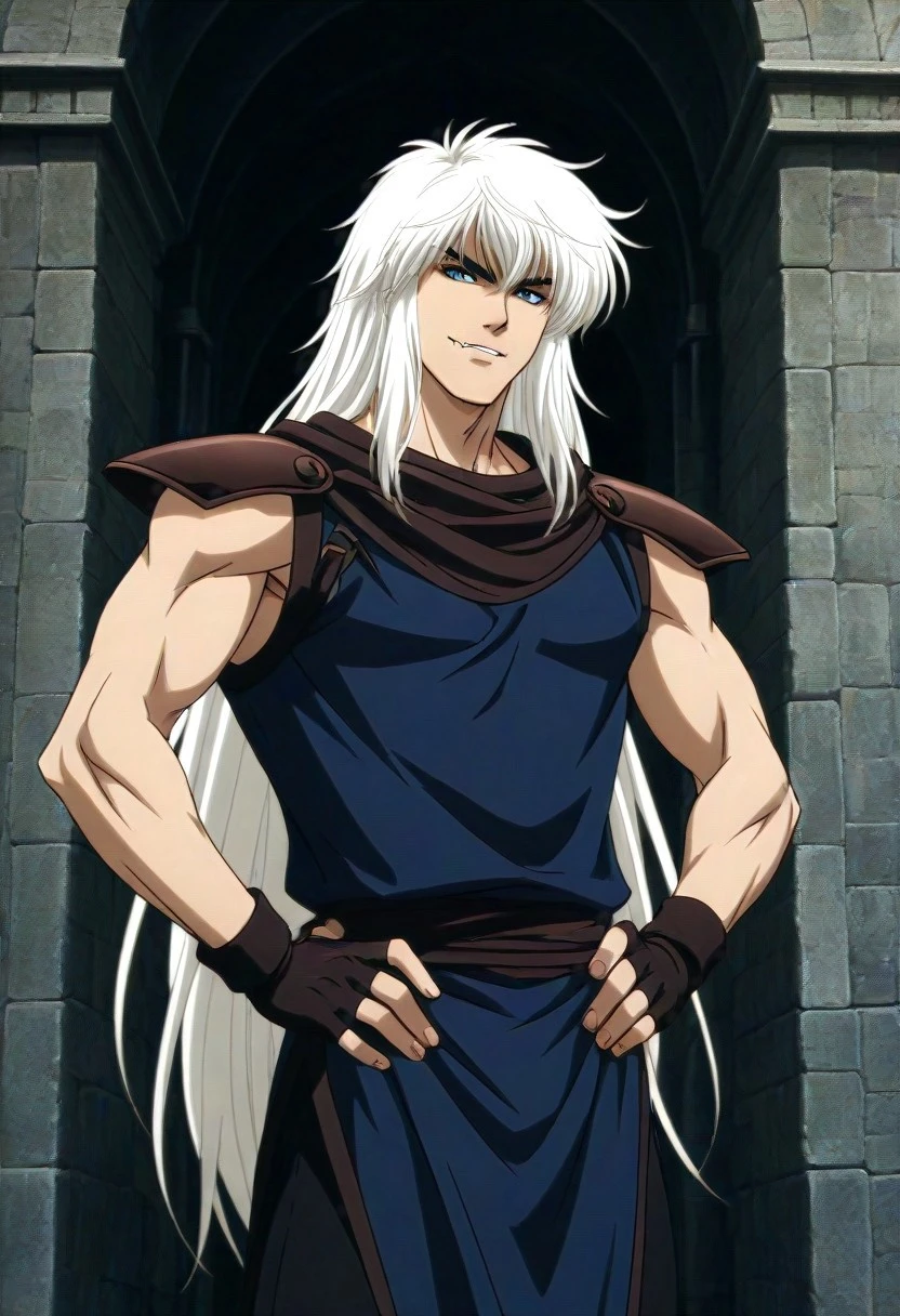 ((masterpiece)), ((best quality)), ((ultra-detailed)), ((absurdres)), score_9_up, score_8_up, score_7_up,
HD, top quality, best quality, amazing quality, High-quality illustrations, anime screencap, source_anime, best aesthetic, perfect proportions, perfect eyes, 1boy, 1male, solo boy, solo male, male focus, solo male focus, Anime, boy, male anime character, anime boy, handsome, cute, charming, sexy, good-looking, Dark Schneider, white hair, very long hair, blue eyes, slit pupils, fangs, sleeveless medieval outfit, robe, pauldrons, fingerless gloves, leggings, ((cowboy shot, head to hips shot)), ((muscular body, hunk body, toned body, lean body)), ((tall body, tall height)), ((medieval period, dark fantasy, gray skies)), ((proud smile, showing teeth, showing fangs)), ((hands on hips pose))