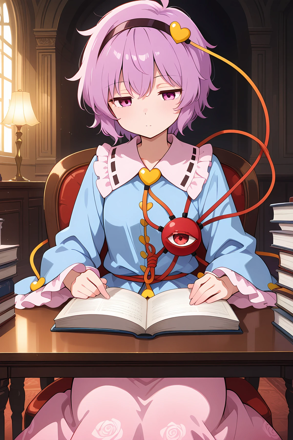 absurdres, highres, masterpiece, best quality, amazing quality, official anime artwork, screencap, anime screencap, indoors, palace, dark, sitting, reading a book, office, table,
<lora:Komeiji-Satori_illustrious:1> komeiji satori, 1girl, solo, pink eyes, third eye, pink hair,, hairband, blue shirt, frilled shirt collar, frilled sleeves, wide sleeves, pink skirt,
