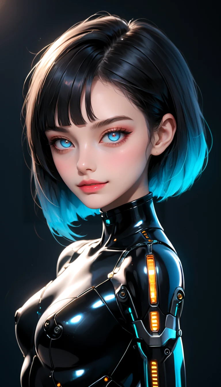 Portrait, adult, cute android girl, black android, glossy black, seductive, innocent, light smile:0.3, plump lips, slender body, wearing transparent science fiction clothes, hands, breathtaking grandeur, LED internal lighting, cyberpunk style, fibre optic hair, glowing blue iris, cyborg, full moon, distopian futuristic city background, depth of field, dynamic angle, fashion photography, sharp, hyperdetailed:1.15, 4n1v3rs3