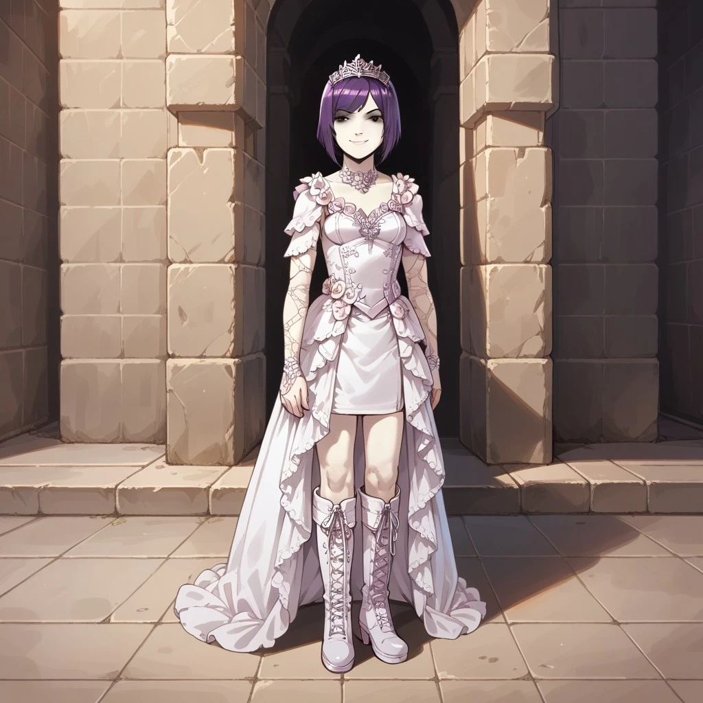1girl,solo,short pink wedding dress,purple hair,short hair,boots,black eyes,pale skin,smirk,full body,facing viewer,looking at viewer,standing,