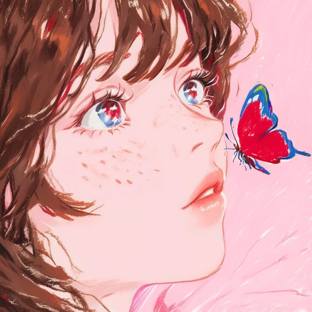 hu99y, 1girl, close-up portrait, red flying butterfly, bangs, brown hair, long hair, pink background, freckles