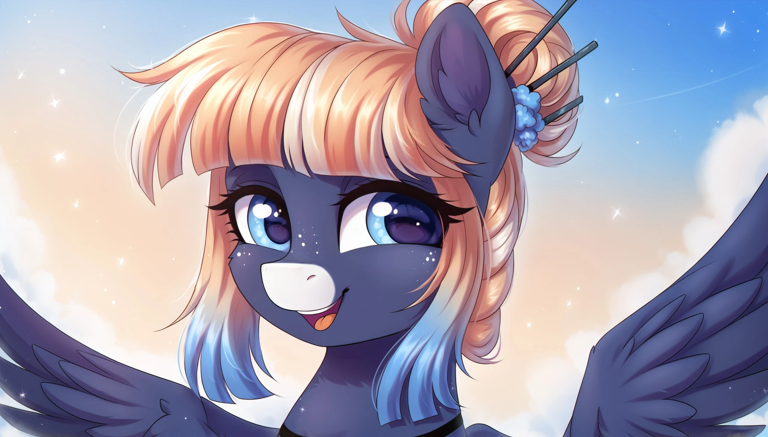 safe_pos, safe_pos, score_9, score_8_up, score_7_up, score_6_up,1 girl <lora:ockimono_silk:1>kimono silk,a dark purple-grey body with lighter grey hooves and a black collar, the mane and tail are long and gradient, going from peachy-white on top to light blue at the tips, the eyes are light blue, small dark spots scattered over the body, the ears are slightly pointed, the hair is styled into a loose bun and secured with sticks similar to a hair accessory,Pegasus (day), solo, pony, my little pony, body, shiny skin, looking at you, happy playful, cheerful dramatic solo <lora:Wholesome_MLP-v1.2:1>