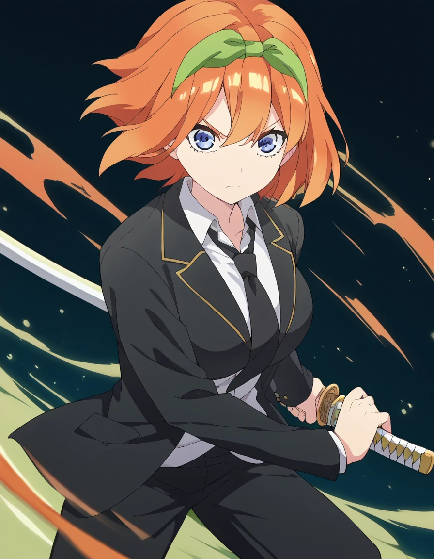 score_9, score_8_up, score_7_up, source_anime, <lora:yotsuba-nakano-s2-ponyxl-lora-nochekaiser:1>, yotsuba nakano, bangs, short hair, blue eyes, hair between eyes, hair ribbon, hairband, orange hair, green ribbon, large breasts, anime screencap, <lora:battoujutsu-stance-ponyxl-lora-nochekaiser:1>, battoujutsu stance, looking at viewer, holding, weapon, sword, holding weapon, holding sword, standing, katana, sheath, sheathed, fighting stance, ready to draw, shirt, long sleeves, jacket, white shirt, necktie, collared shirt, pants, black jacket, floating hair, black pants, formal, suit, black necktie, black suit, pant suit,,