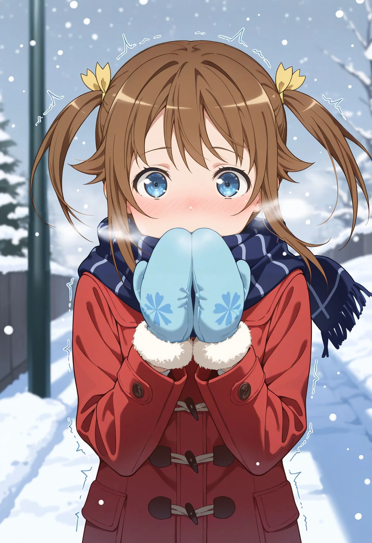 detailed illustration, dynamic angle, ultra-detailed, illustration, 1girl, blue swimsuit, thin swimsuit, white jacket, medium breasts, laying in snow, long red orange hair, pony tail, light blue eyes, bright eyes, wincing, laying in the snow, one eye closed, night, snowing, sidewalk, campus