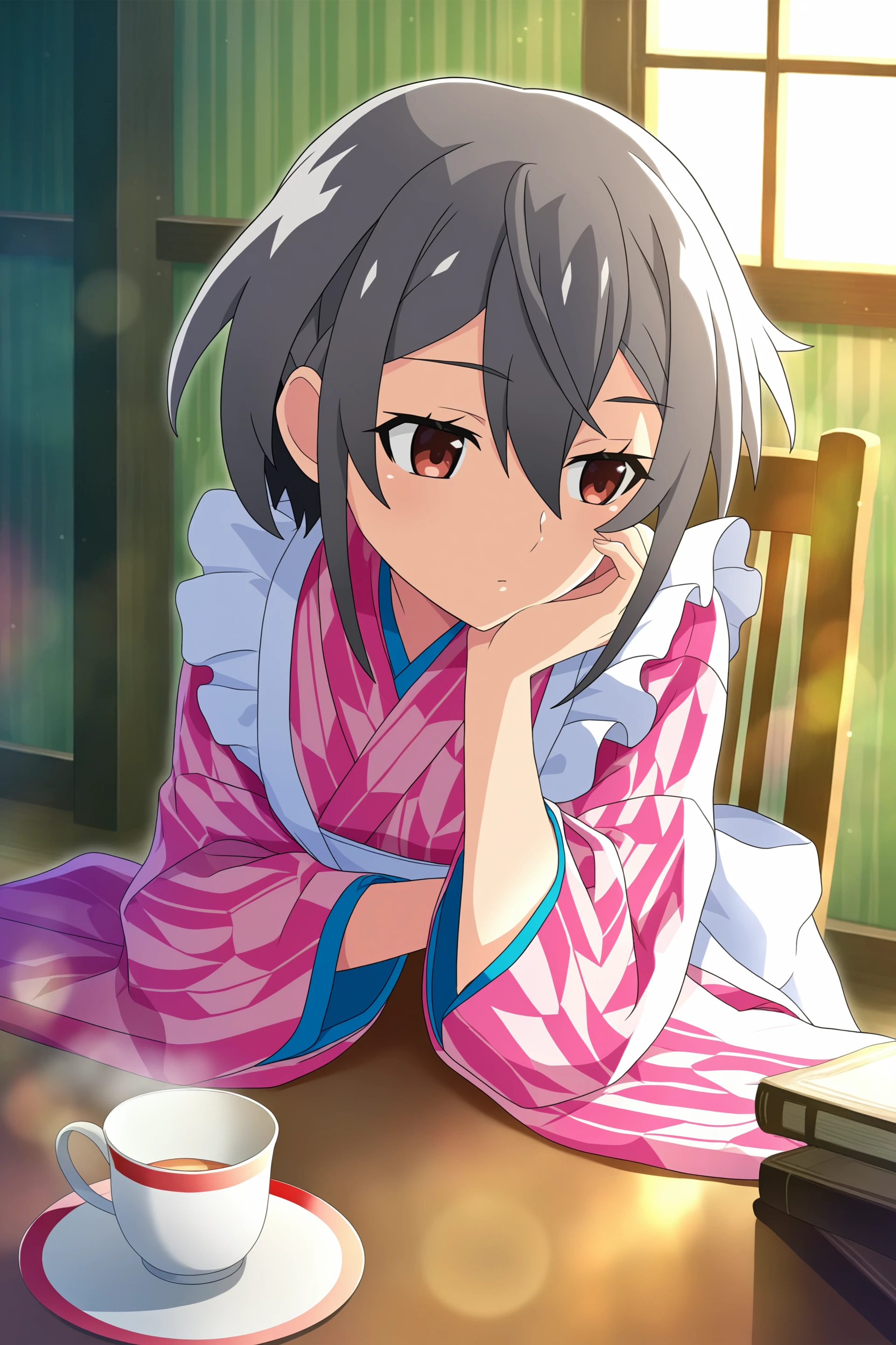 higurashimei, kimiyoshi kazuho, 1girl, solo, short hair, long sleeves, red eyes, hair between eyes, closed mouth, sitting, brown eyes, grey hair, frills, japanese clothes, indoors, kimono, cup, book, window, chair, table, sunlight, hand on own face, teacup, head rest, hand on own cheek, pink kimono, wa maid, yagasuri,
(masterpiece, best quality, absurdres, highres, newest, very awa:1.2),