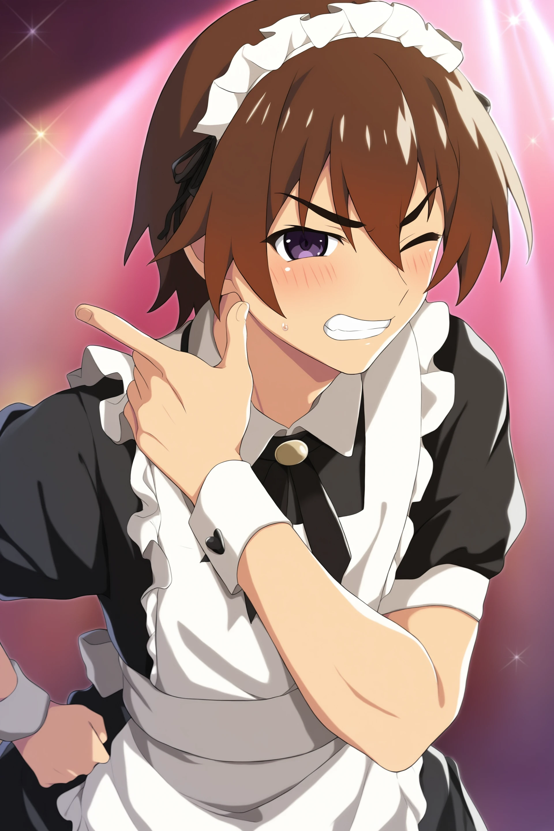 higurashimei, solo, blush, short hair, brown hair, 1boy, purple eyes, male focus, teeth, one eye closed, wrist cuffs, maid, maid headdress, parody, clenched teeth, crossdressing, maebara keiichi, 
(masterpiece, best quality, absurdres, highres, newest, very awa:1.2), 