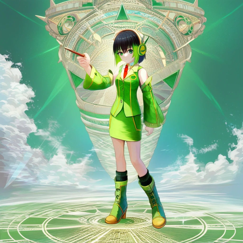 score_9, score_7_up, source_anime, masterpiece, best quality, detailed, perfect, perfection, aesthetic, absurd, 1girl, kyomachi seika, green eyes, black hair, green hair, two-tone hair, short hair, bangs, hair between eyes, headphones, white shirt, green jacket, red necktie, green skirt, pencil skirt, detached sleeves, green boots, full body