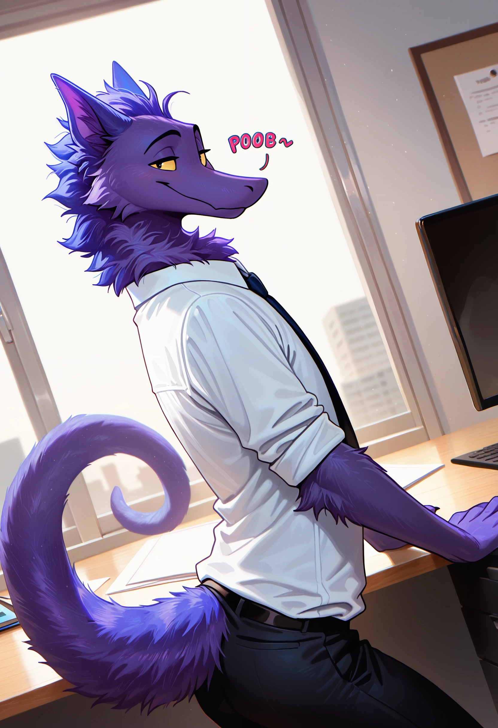 photorealism, photorealistic, chromatic aberration, depth of field, detailed background, reflections, detailed fur, looking at viewer, dutch angle, solo, 1boy, male, squirmle, anthro, no humans, solo, tail, male focus, 1boy, furry, office, flirty expression, seductive glance, sound effect, (artist:syuro:0.8), (artist:nomax:0.5), (artist:honovy:0.6), (artist:kenket:0.6), (artist:taran fiddler:0.6), masterpiece, best quality, amazing quality, very aesthetic, absurdres, newest, <lora:Squirmle_Species_Illustrious:1.0>,