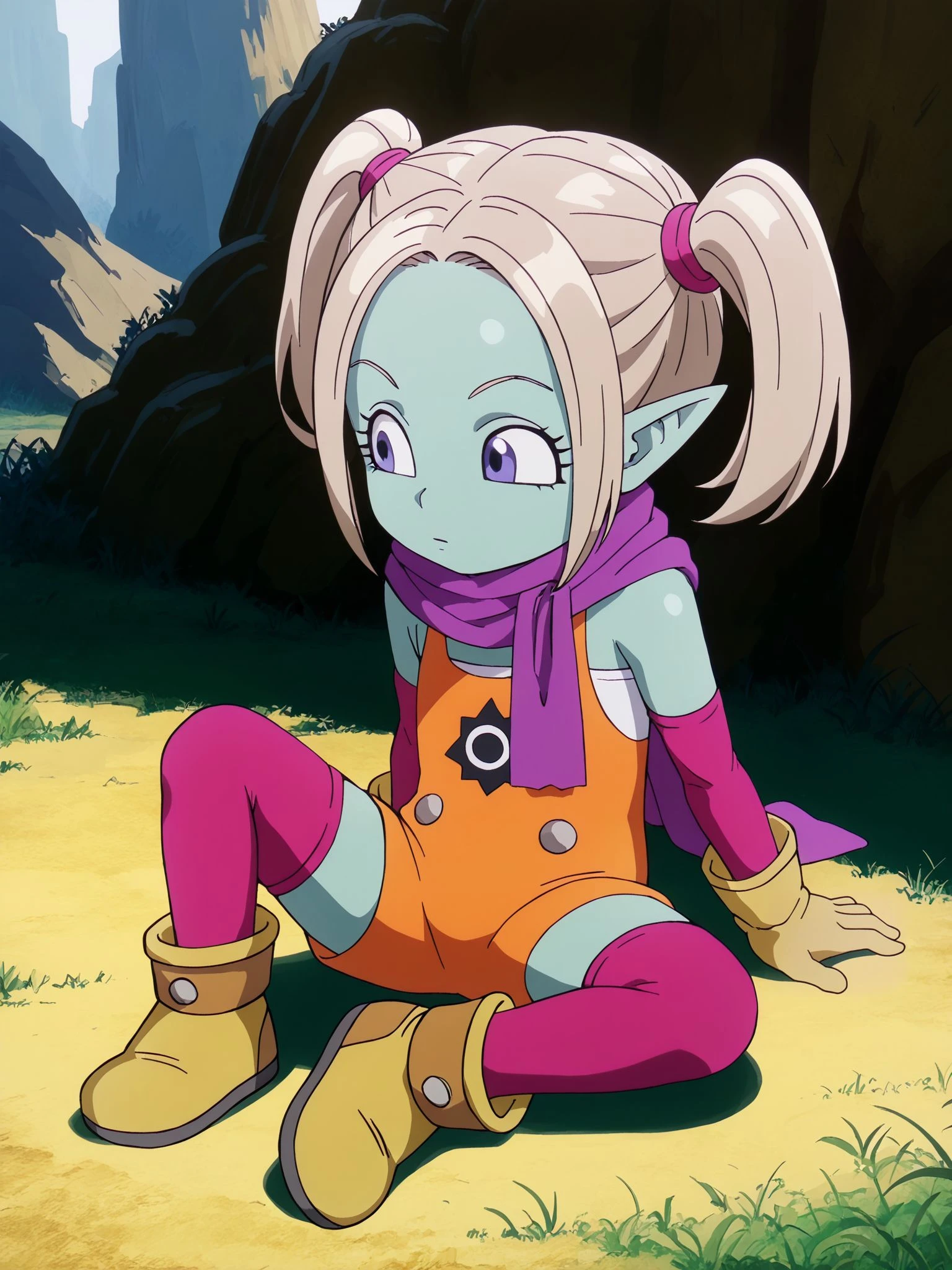 masterpiece,best quality,1girl,solo,<lora:panzy daima_illustriousXL:0.8>,panzy daima,twintails,hair tie,scarf,elbow gloves,orange overalls,thighhighs,boots,full body,expressionless,sitting,on ground,hands on ground,extended legs,wide shot,outdoors,looking at another,
