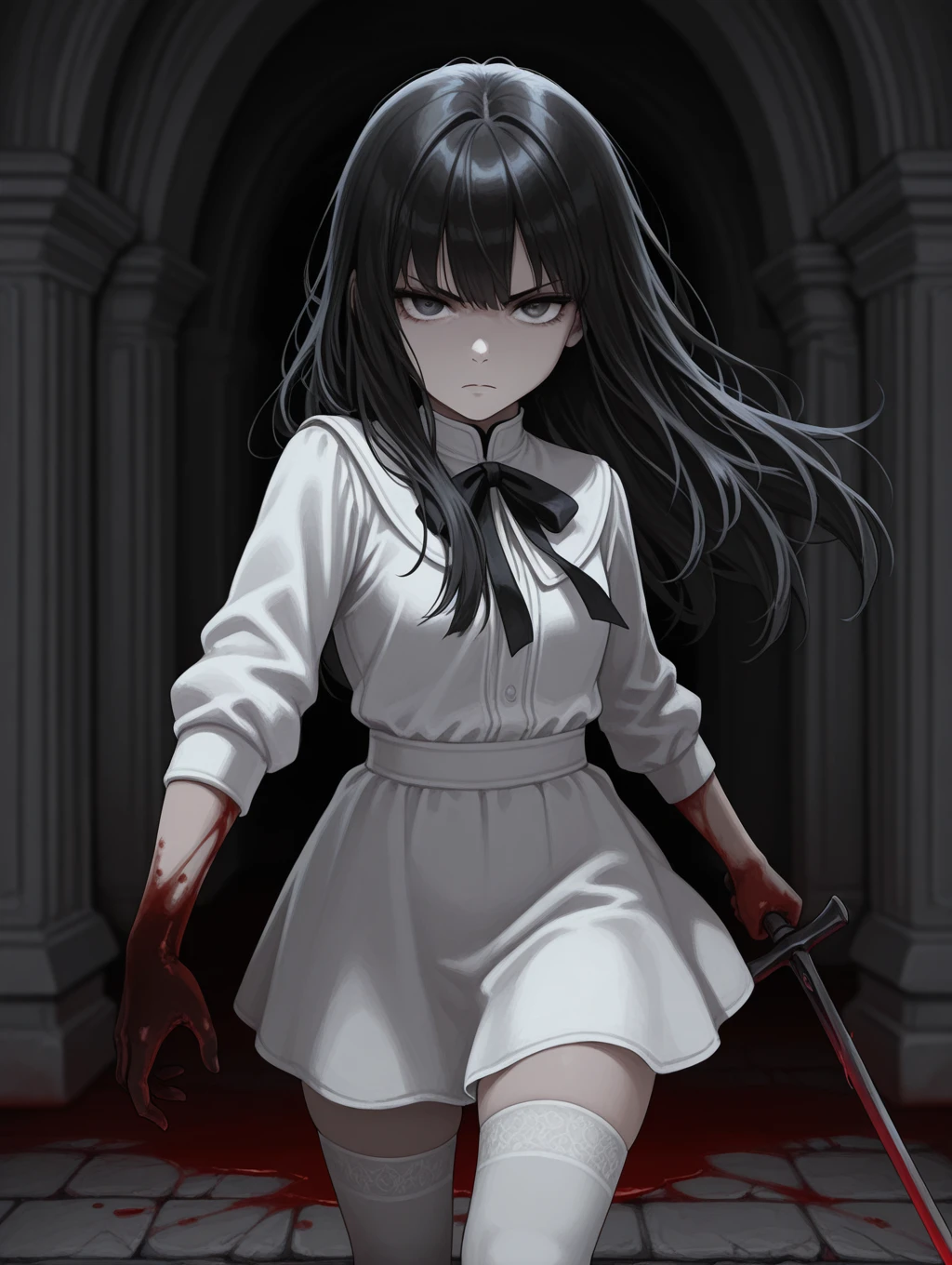 from_front, foreshortening, 1girl, serious, white shirt, white skirt, white thighhighs, long hair, black hair, dark ambient, blood, depth of field, detailed background, masterpiece, best quality, amazing quality, <lora:FearAndHunger_Style:1>
