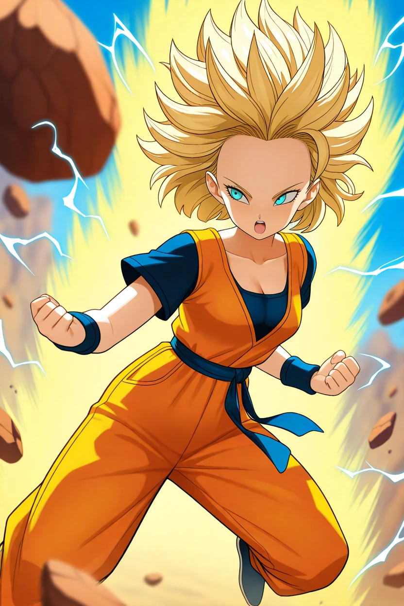 masterpiece,best quality,a18,1girl,solo, blonde hair, aqua eyes,super saiyan,(yellow aura),spiked hair, martial arts clothes, orange vest, dark blue shirt, short sleeves, orange pants, blue wristband, dark blue sash,collarbone,floating hair,blue electricity, open mouth,cleavage,light blue eyes,blue sky,blurry background, floating rocks  <lora:Android18IllusV2:1> <lora:KrillinIllus:0.3>