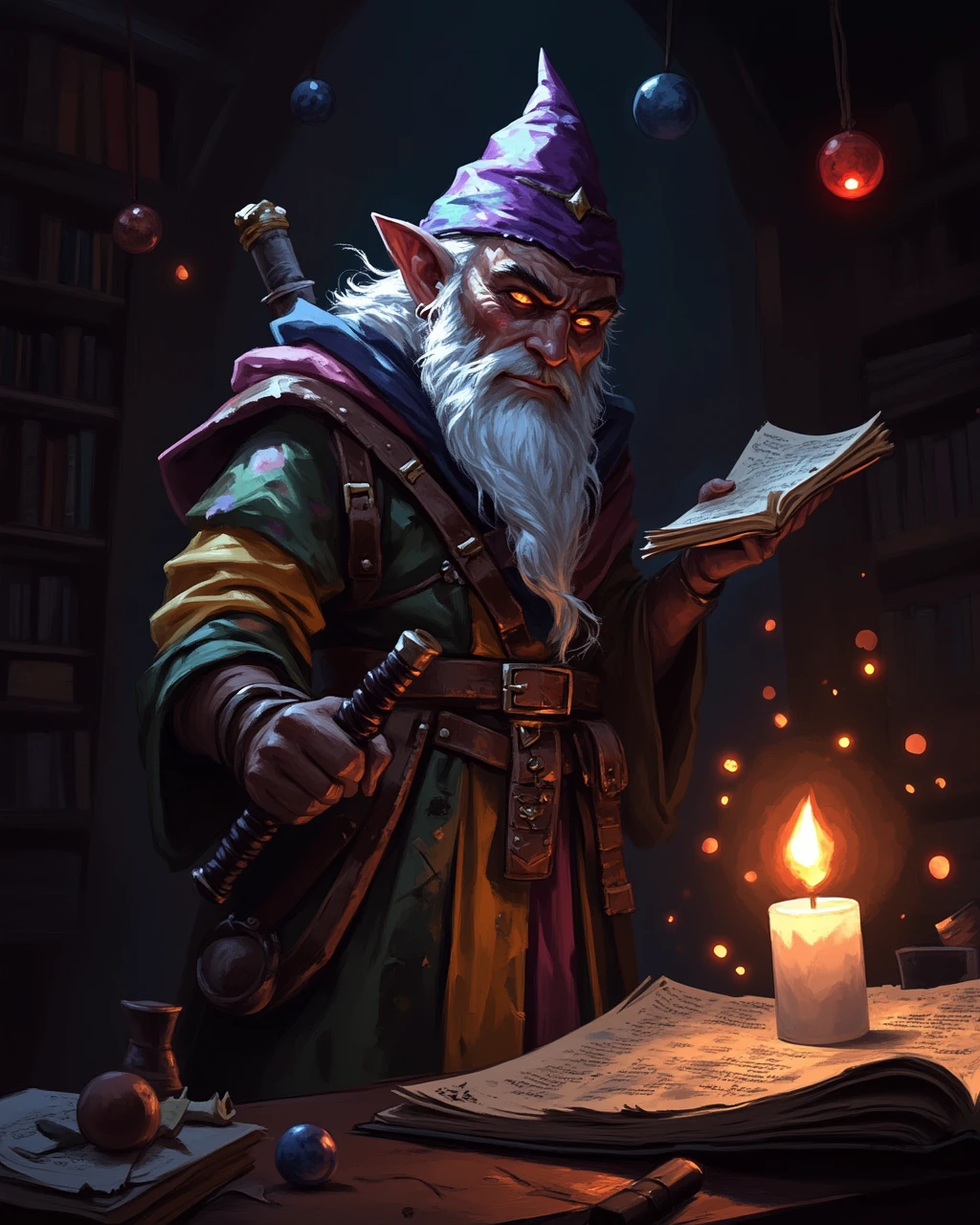wc1dnd_style, digital painting, A close-up of a mysterious gnome mage wearing a pointed hat and patchwork robes of vibrant colors, surrounded by magical orbs and floating spell scrolls, their mischievous grin lit by the warm glow of a flickering candle in their cluttered study <lora:Organic_Sauce_-_FLUX:0.2> <lora:Flux.Digital_Painting_DnD:0.9>