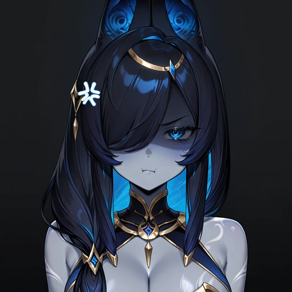 1girl, breasts, anger vein, blue eyes, solo, blue hair, black hair, animal ears, hair over one eye, blue skin, multicolored hair, cleavage, looking at viewer, large breasts, colored inner hair, long hair, colored skin, closed mouth, pout, black background, angry, shaded face, upper body, bare shoulders, hair ornament, two-tone hair, annoyed, hair over shoulder, gold trim, tiara, fox ears, body markings