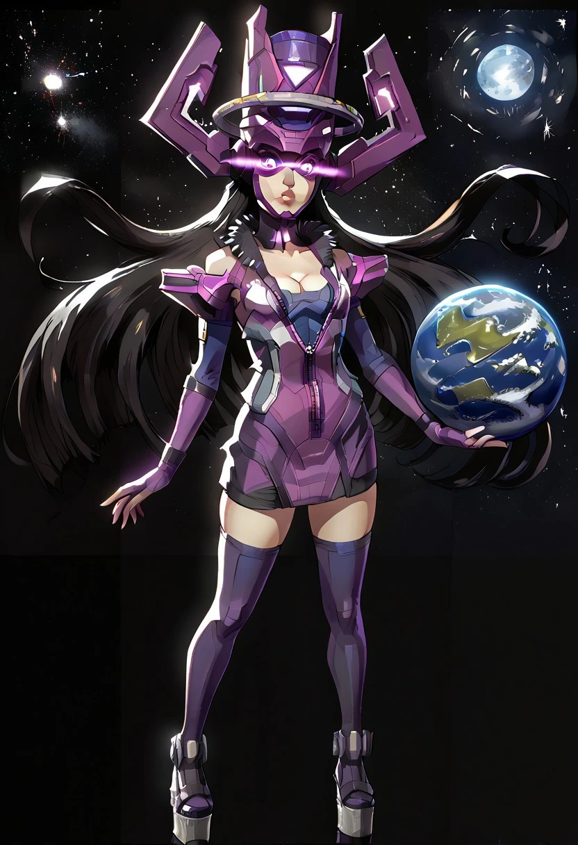 (Galacta, Solo, 1 Girl, Helmet, Mask, Elbow Gloves, Fur Collar, Zip-Up Suit, Skirt, Platform Footwear, Thigh-Highs, Square Pupils, Glowing Eyes, Purple Eyes, Black Hair, Long Hair, Collarbones, Cleavage, Beauty Mark, Big Lips, Asian),
(Space Background, Stars, Planets In Background, Moon),
(Marvel, MarvelRivals, High-Quality, High Definition, 1080p)