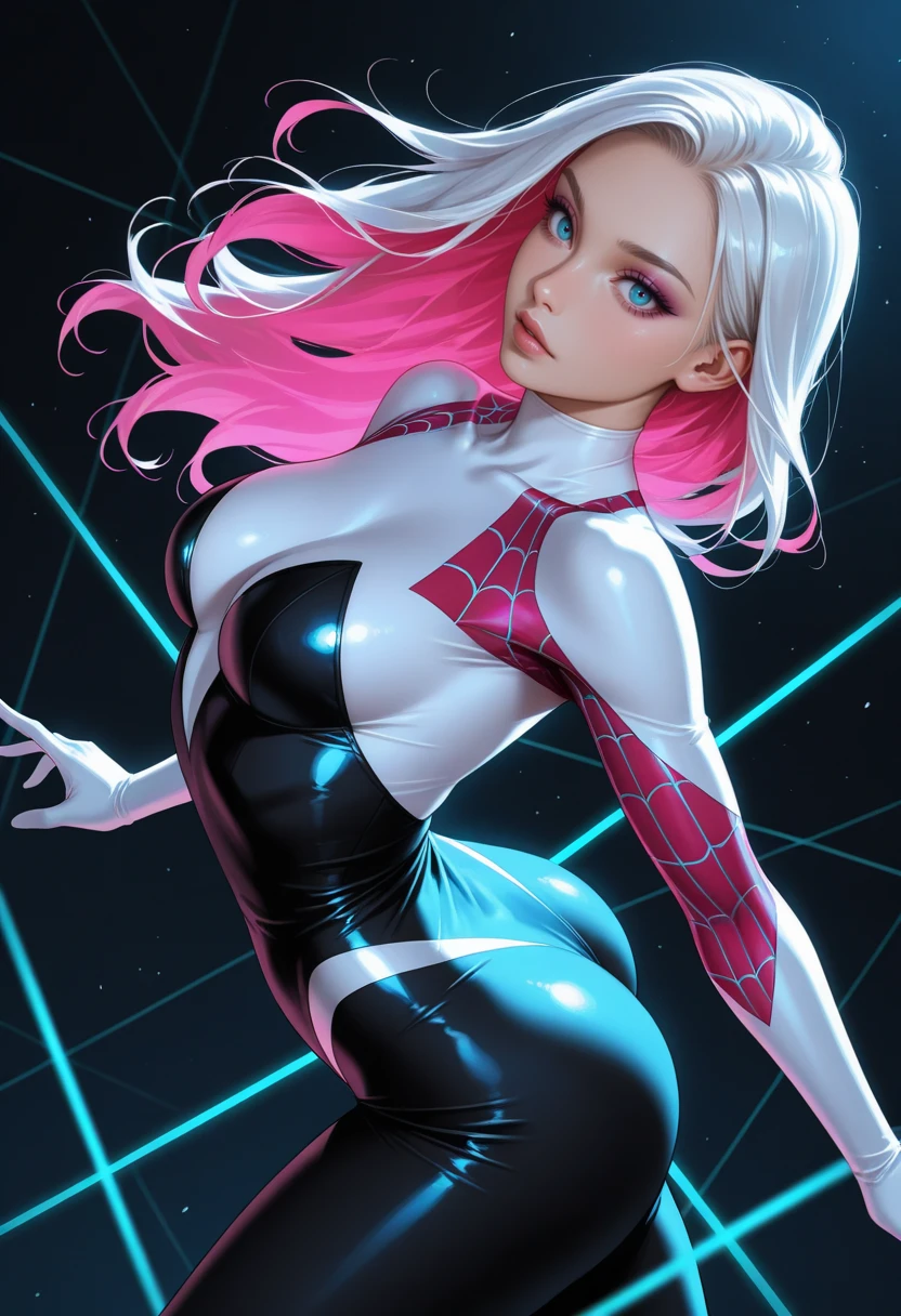 depth of field, focused subject, ((dynamic angle)), sexy pose, best quality, detailed eyes, perfect eyes, realistic eyes, 
white hair, pink highlights, loose curls, long hair, blue eyes, ((full lips)), (mascara), makeup, 
slim body, small ass, medium breast, 
spider gwen, spider gwen costume, revealing costume, 
BREAK, 
dynamic pose, 
movie perspective, black background, neon lines, neon circles, neon light, abstract background, dark background, ((dynamic lights))