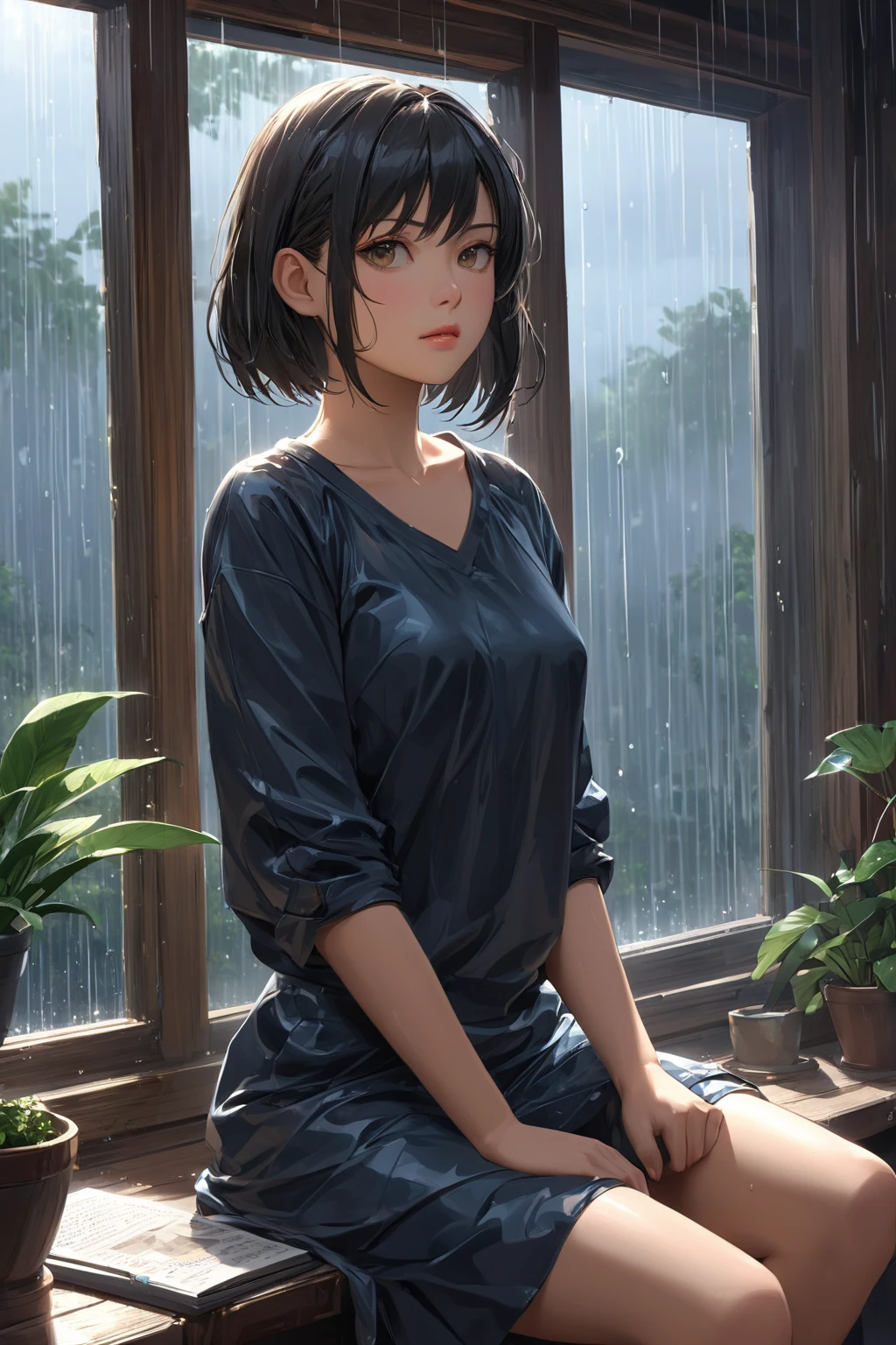 girl sitting nearby a windowing, rainy outside, detailed, very anime, very fine face, strong lighting, by great artists. trending on artstation, hq, smooth, sharp focus, 4 k, masterpiece