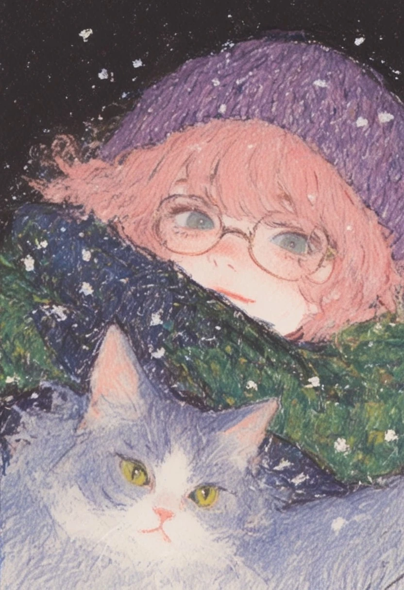 hu99y, score_9,score_8_up,score_7_up, hu99y, 1girl, bicolor_cat, bangs, snowing, wavy long pink hair, blue coat, green and red plaid scarf, hugging, black background, freckles, glasses, purple beanie,