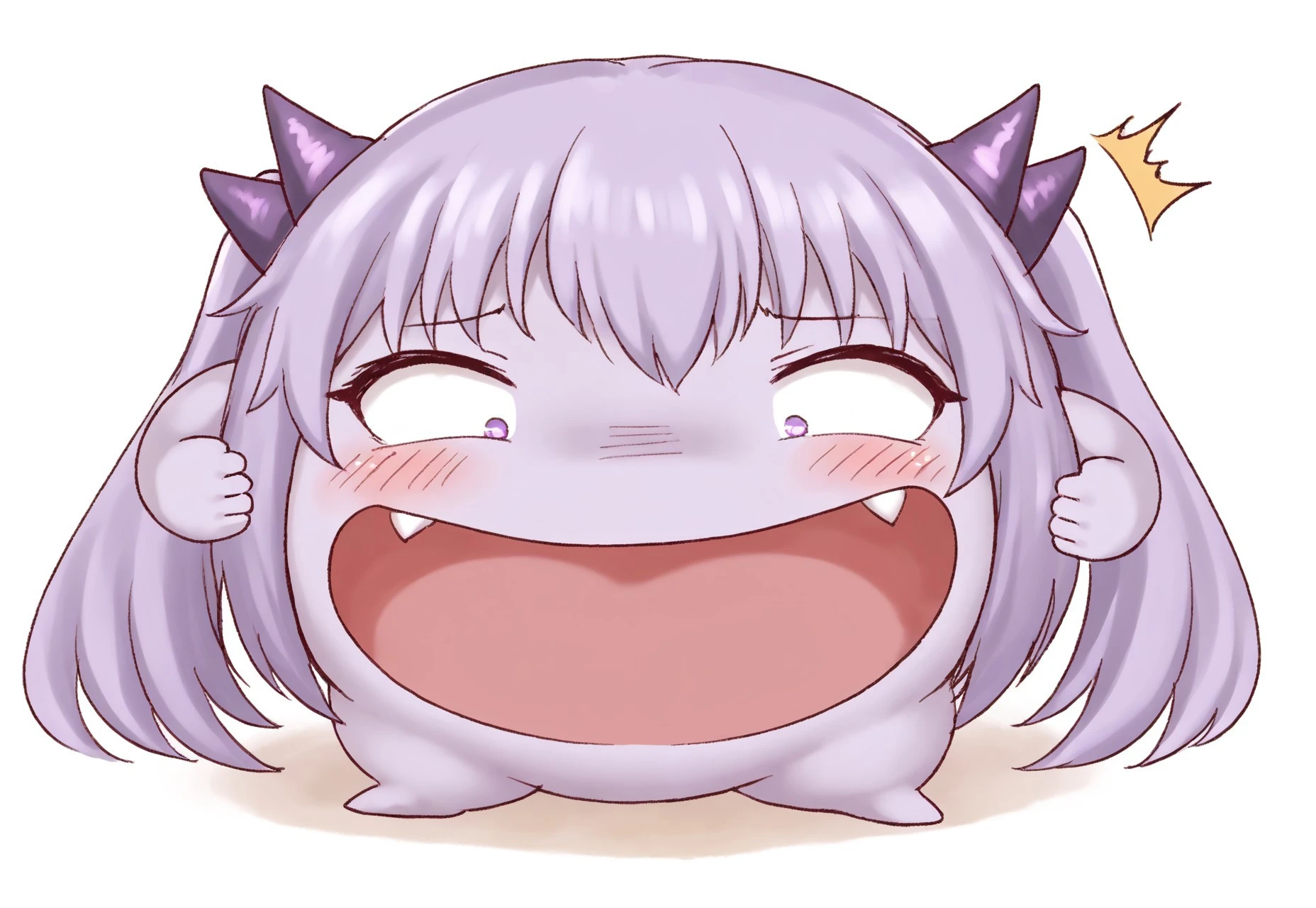 safe_pos, source_anime, source_ cartoon, score_9, score_8, score_7_up, 1 Heads tall, weakening, foolish face, nude, vampire teeth, gape, short limbs, sanpaku eyes, solo, chrome(mon-musu quest!), twintails, horns, purple skin, surprised, smile, (Symmetry), dynamic pose, pussy, pee, peeing, pussy juice