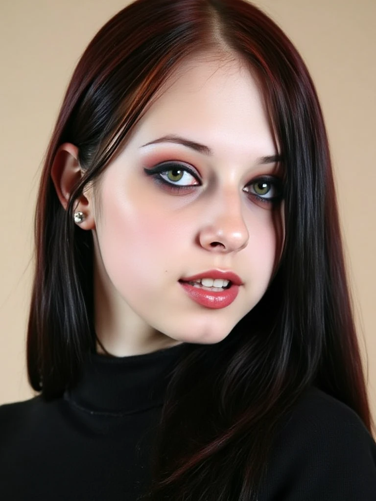 A high-quality, glamour (close-up portrait:1.5) of a young woman dressed in a turtleneck, blending laid-back comfort with a touch of effortless elegance. Her expression is calm and approachable, radiating friendliness and quiet confidence. The setting features a clean, solid background in a soft, neutral tone, with expertly diffused lighting to highlight her natural features and enhance the overall composition. The focus is sharp, capturing fine details like her skin texture, hair, and subtle makeup, creating a polished and professional aesthetic.