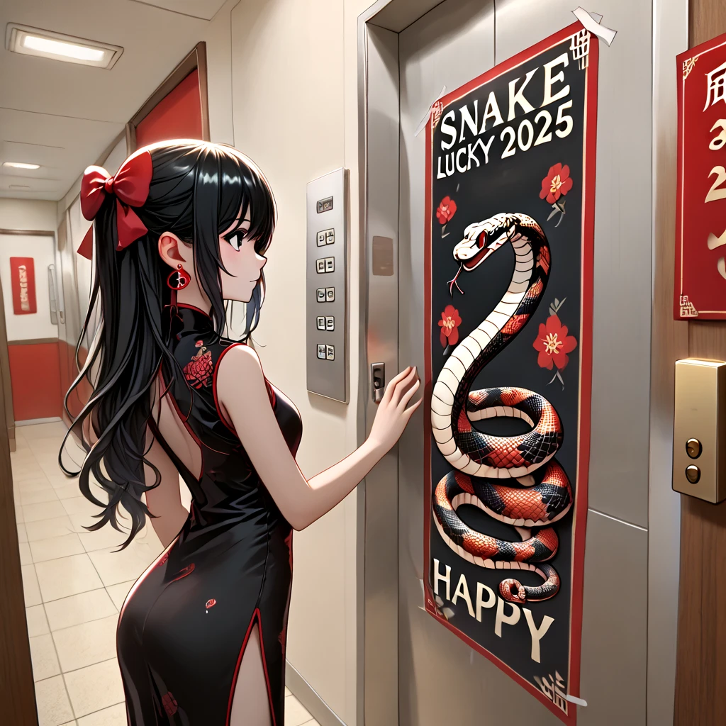 score_9, source_anime, snake year spring couplets, poster parody, against door, lucky in 2025, solo, 1girl, long hair, hair bow, black eyes, black hair, black qipao, sleeveless, side slit, jewelry, earrings, breasts, happy new year, tile wall, indoors, interior, corridor, walkway, elevator,
elevator door, <lora:girllikesnakeyearspringcouplets_pony:1>