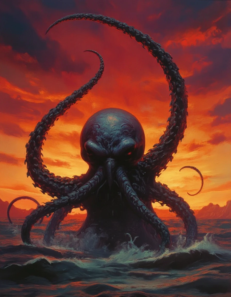 Fantasy painting of an evil horror Cthulhu rising from the ocean under a sunset menacing blood sky