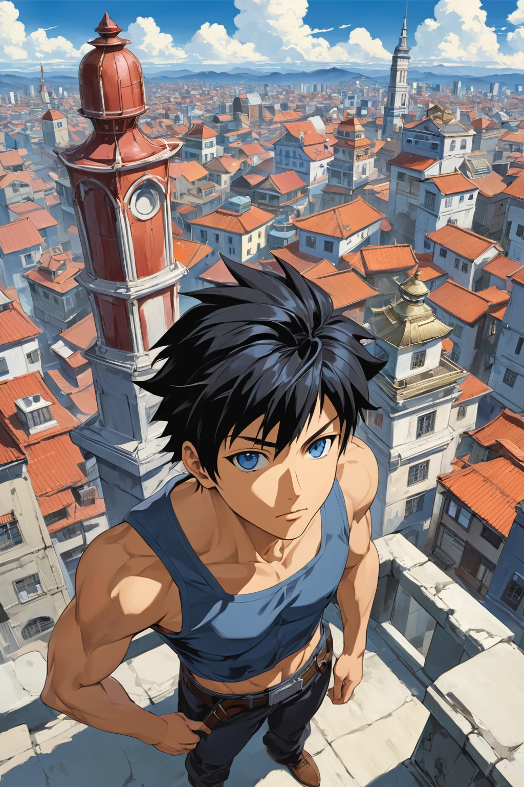 painting of brunette with blue eyes with a stone railing and urban japanese city in the background in the style of cowboy bebop, calm, fantasy character portrait, dynamic pose, above view, sunny day, thunder clouds in the sky, artwork by jeremy lipkin and giuseppe dangelico pino and michael garmash and rob rey and greg manchess and huang guangjian and makoto shinkai, very coherent asymmetrical artwork, sharp edges, perfect face, simple form, 1 0 0 mm grain