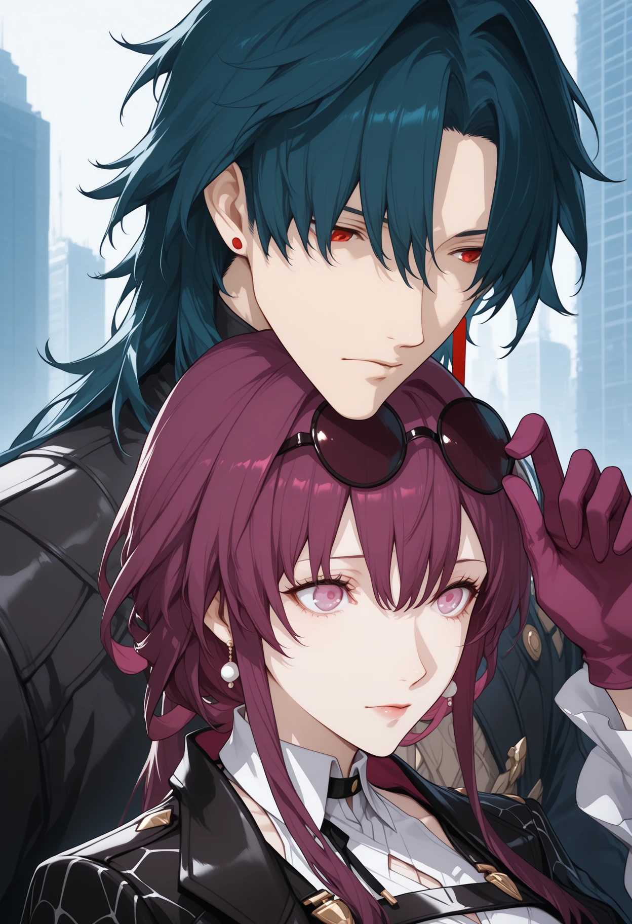1boy, 1girl, kafka honkai: star rail, blade honkai: star rail, building, closed mouth, earrings, eyewear on head, gloves, hair between eyes, holding, jacket, jewelry, long hair, long sleeves, purple eyes, purple gloves, purple hair, shirt, skyscraper, sunglasses, white shir