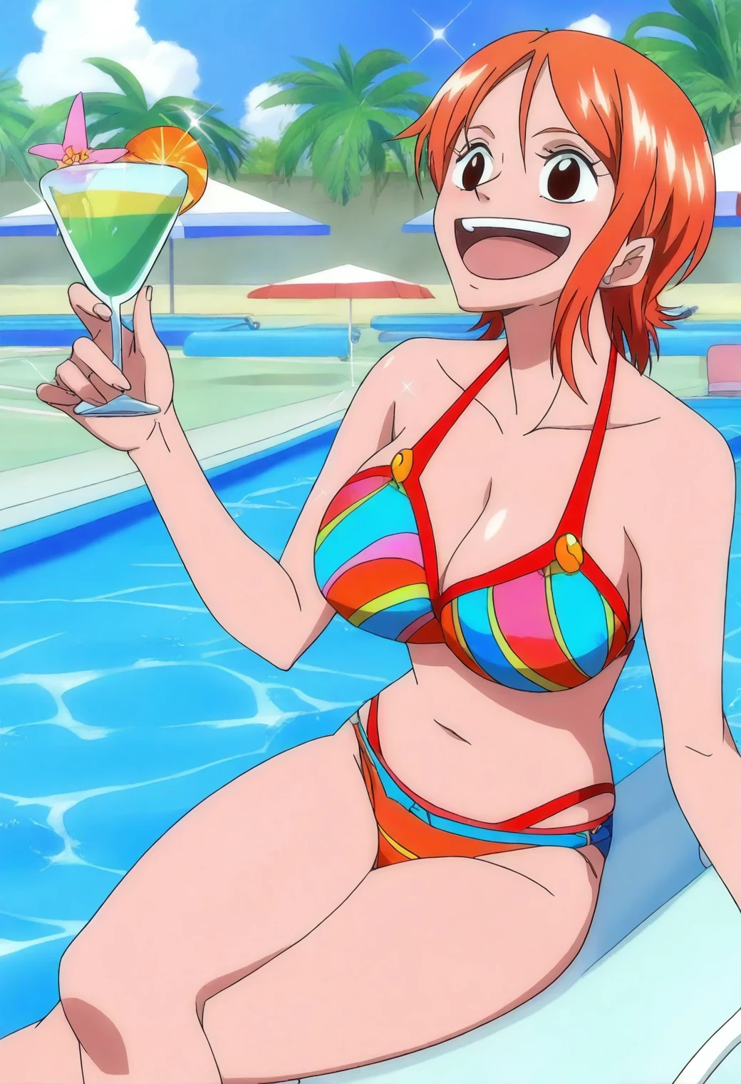 <lora:Nami (Pre Timeskip) - [One Piece] - illustriousXL v1:1>, sysdeep_nami, large breasts, short hair, orange hair, brown eyes, anime coloring, 1girl, solo, pool party, floating pool ring, colorful bikini, holding cocktail glass, bright balloons, tropical decorations, laughing, sparkling water droplets, summer vibes