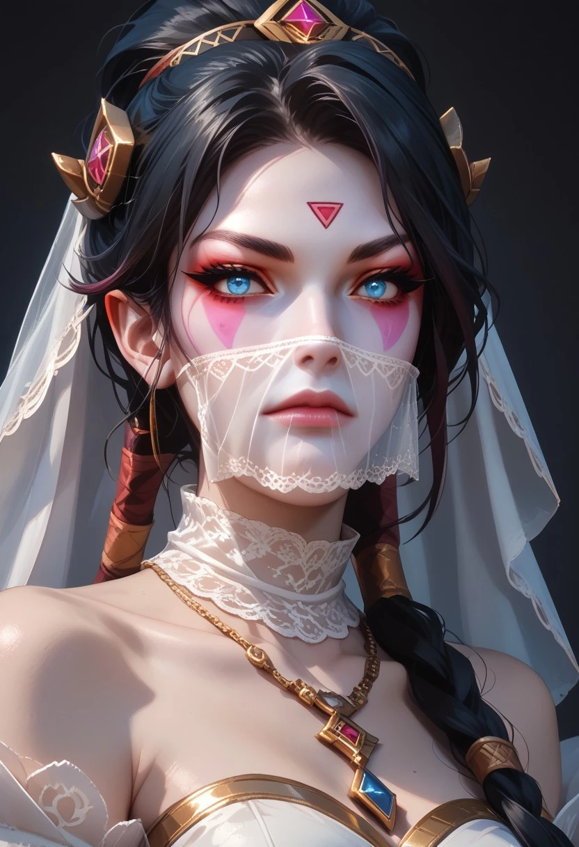 masterpiece,best quality, highly detailed, score_9, score_8_up, score_7_up, score_6_up, templar_assassin, 1girl, solo, black hair, blue eyes, looking at viewer, facial mark, portrait, facepaint, hair ornament, nose, colored skin, long hair, bare shoulders, see-through, mouth veil, veil, jewelry, navel, necklace,