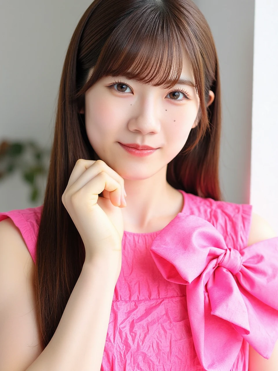 Facial close-up, The image is a close-up portrait of a young Asian woman named Odakura. She has very-long, straight brown hair with bangs that frame her face. She has a slim figure and fair skin. Her expression is neutral, with a slight hint of curiosity in her eyes. She wears a pink, ruffled dress made of crinkled plastic, giving it a textured appearance. The dress has a large, gathered bow on the right side, adding a playful touch. Her makeup is minimal, with natural tones and a subtle pink lip color. Her right hand was placed next to her cheek, her gaze fixed on the camera. The background is blurred, but it appears to be an indoor setting with a white wall and a window. Exquisite face, beautiful eyes, detailed skin details.