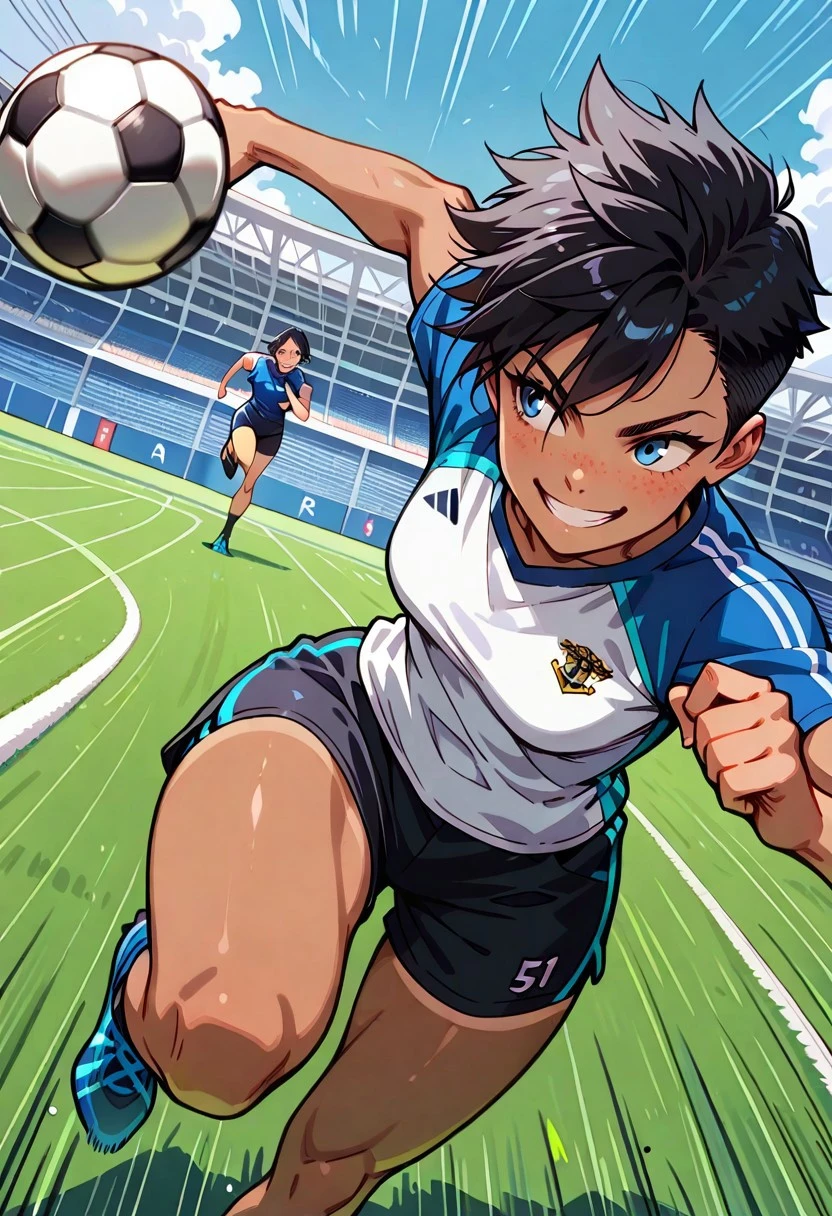 masterpiece, best quality, 32k, high resolution, absurdres, Rebecca, RebeccaRH. cute face, tomboy, short black hair, blue eyes, [freckles], tanned skin, small perky breasts, fit, toned, HD32k, t-shirt, shorts, playing soccer, running, ball, perspective, smiling, dynamic, speed lines