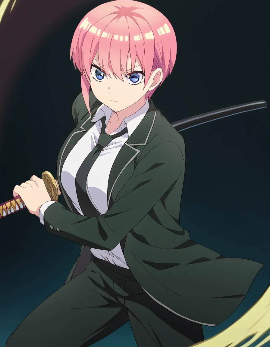 score_9, score_8_up, score_7_up, source_anime, <lora:ichika-nakano-s2-ponyxl-lora-nochekaiser:1>, ichika nakano, short hair, bangs, blue eyes, hair between eyes, pink hair, pixie cut, large breasts, anime screencap, <lora:battoujutsu-stance-ponyxl-lora-nochekaiser:1>, battoujutsu stance, looking at viewer, holding, weapon, sword, holding weapon, holding sword, standing, katana, sheath, sheathed, fighting stance, ready to draw, shirt, long sleeves, jacket, white shirt, necktie, collared shirt, pants, black jacket, floating hair, black pants, formal, suit, black necktie, black suit, pant suit,,