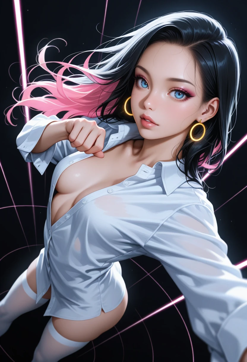 depth of field, focused subject, ((dynamic angle)), sexy pose, best quality, detailed eyes, perfect eyes, realistic eyes,
black hair, pink highlights, loose curls, long hair, blue eyes, ((full lips)), (mascara), makeup,
slim body, small ass, medium breast,
shirt, (oversized shirt), unbuttoned shirt, white stockings, gold earrings, circle earrings,
BREAK,
dynamic pose,
movie perspective, black background, neon lines, neon circles, neon light, abstract background, dark background, ((dynamic lights))