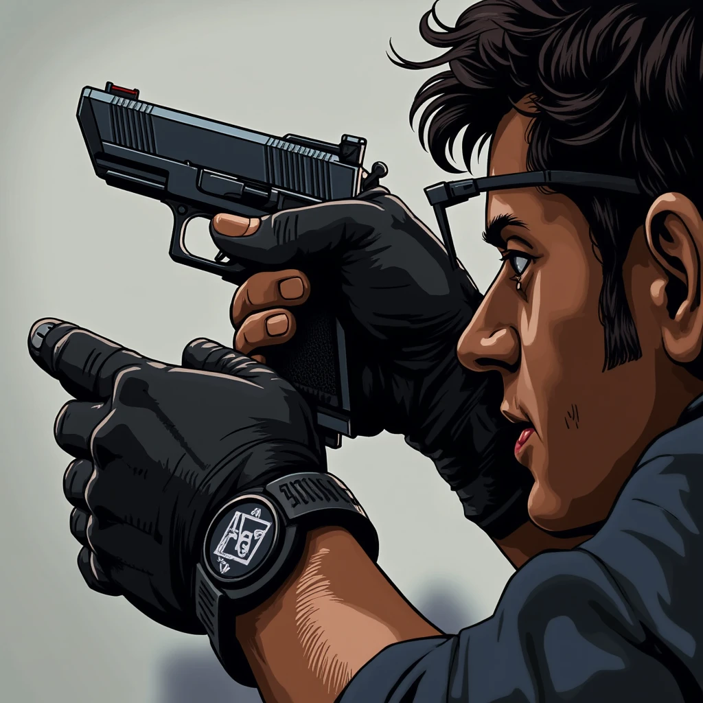 Hyperrealistic art of <lora:gun TTI JW4 Pit Viper style v1:0.7>
Cartoon TTI JW4 Pit Viper a side view of a person aiming a gun in their both hands, perfect image, sharp image, detailed image, Kodak film, high quality photography, TTI JW4 Pit Viper style, solo, gloves, holding, weapon, fingerless gloves, holding weapon, gun, holding gun, handgun, close-up, trigger discipline, finger on trigger, black gloves, from side, out of frame, Extremely high-resolution details, photographic, realism pushed to extreme, fine texture, incredibly lifelike