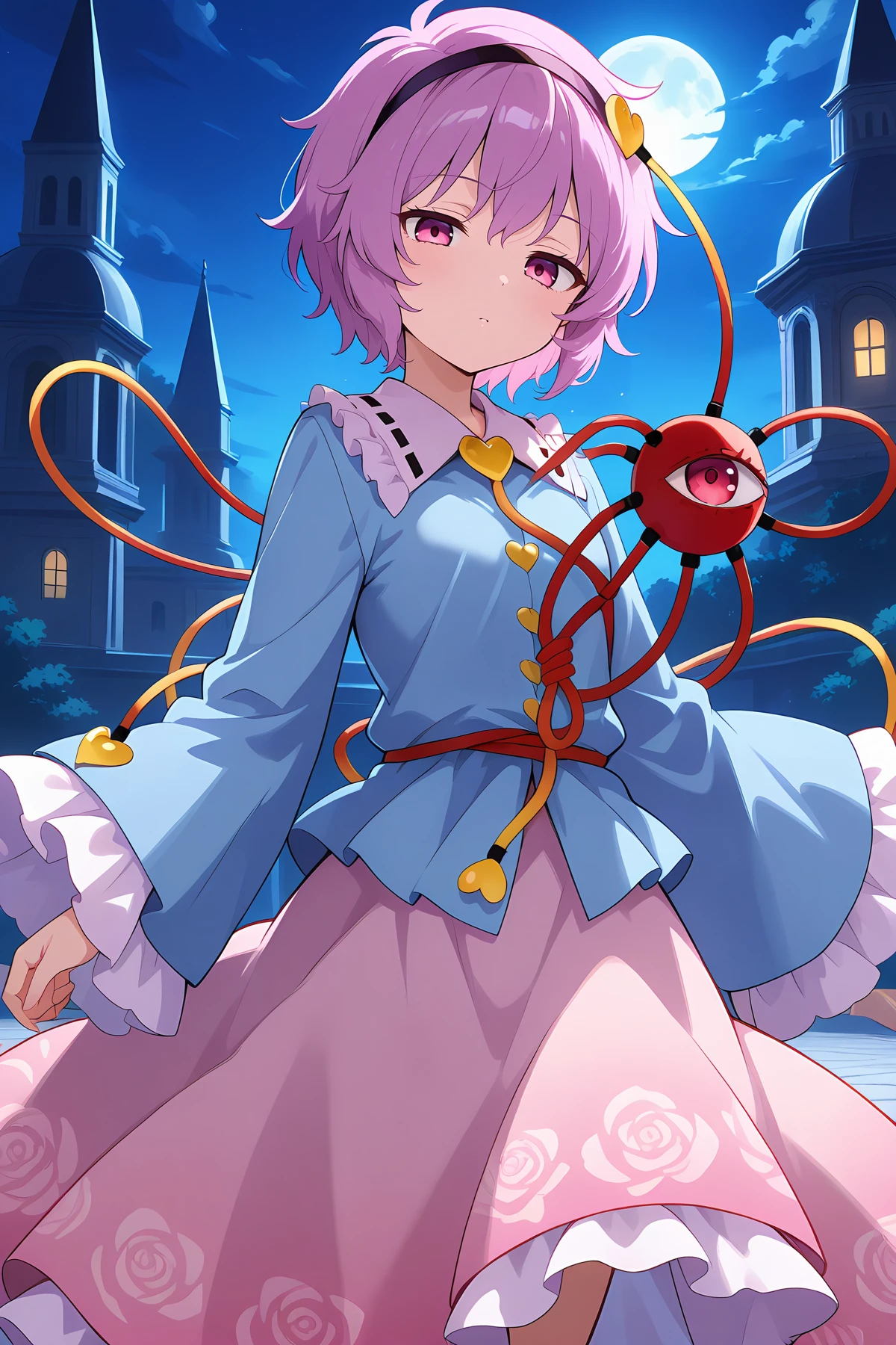 absurdres, highres, masterpiece, best quality, amazing quality, official anime artwork, screencap, anime screencap, outdoors, palace, dark, night, dynamic pose, looking at viewer,
<lora:Komeiji-Satori_illustrious:1> komeiji satori, 1girl, solo, pink eyes, third eye, pink hair,, hairband, blue shirt, frilled shirt collar, frilled sleeves, wide sleeves, pink skirt,