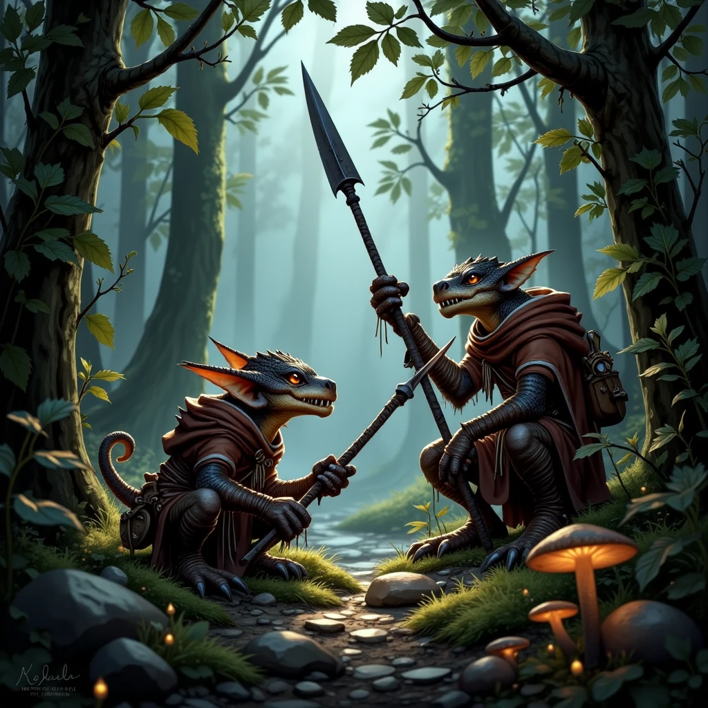 Dark Moody Atmosphere, Dark Fantasy Art, <lora:koboldsv1.0-flux:0.9> A sly kobold crouches in the shadows of a dense forest, its small, scaly frame blending into the foliage. It grips a crude spear with one hand, the other claw holding back a leafy branch as it peers at an unsuspecting adventurer on the path. The koboldâs sharp teeth glint in the faint sunlight filtering through the canopy. Mushrooms and glowing moss dot the forest floor, while the distant sound of rustling leaves suggests more kobolds nearby., dark, moody, dark fantasy style, dramatic, mysterious, dark moody atmosphere