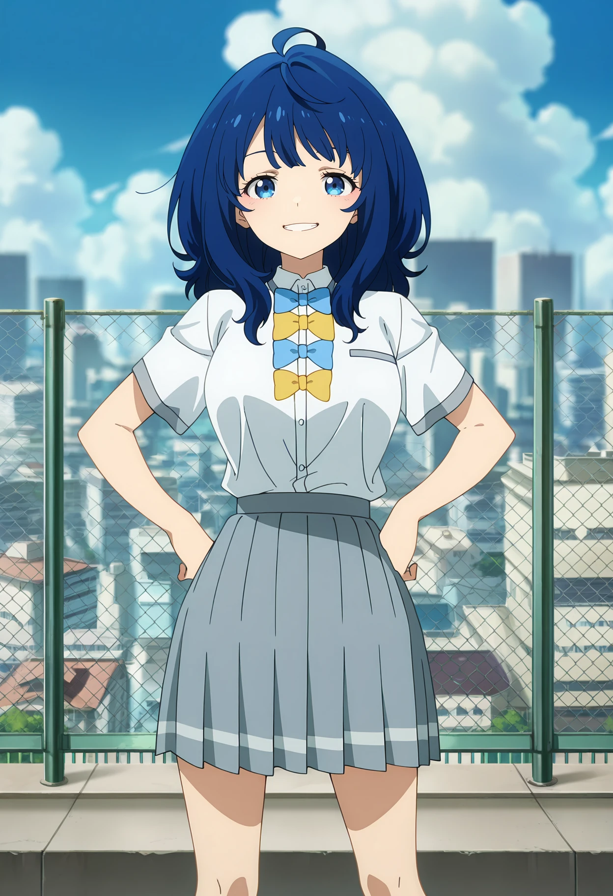 anime screencap, masterpiece, best quality,
<lora:MakeHeroineGaOosugiru_YanamiAnna_IlluXL:0.9>,
1girl, solo, open mouth, light smile, grin, teeth,
long hair, blue hair, blue eyes, ahoge,
collared shirt, white shirt, blue bowtie, yellow bowtie, short sleeves, grey skirt,
standing, looking at viewer, hands on own hips,
blurry background, school, rooftop, cityscape, chain-link fence, cloudy sky