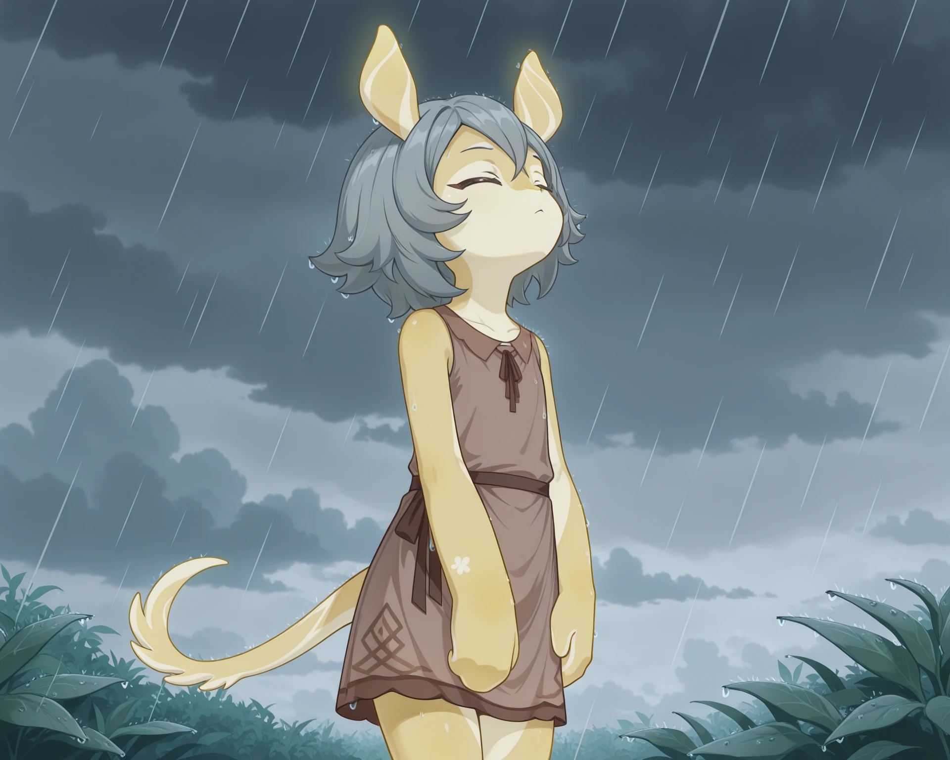 <lora:MelusineIllustrious-V1:1>
solo, melusine, yellow skin, grey hair, straight ears, thin tail, brown dress, eyes closed, looking up, rain, grey sky, clouds